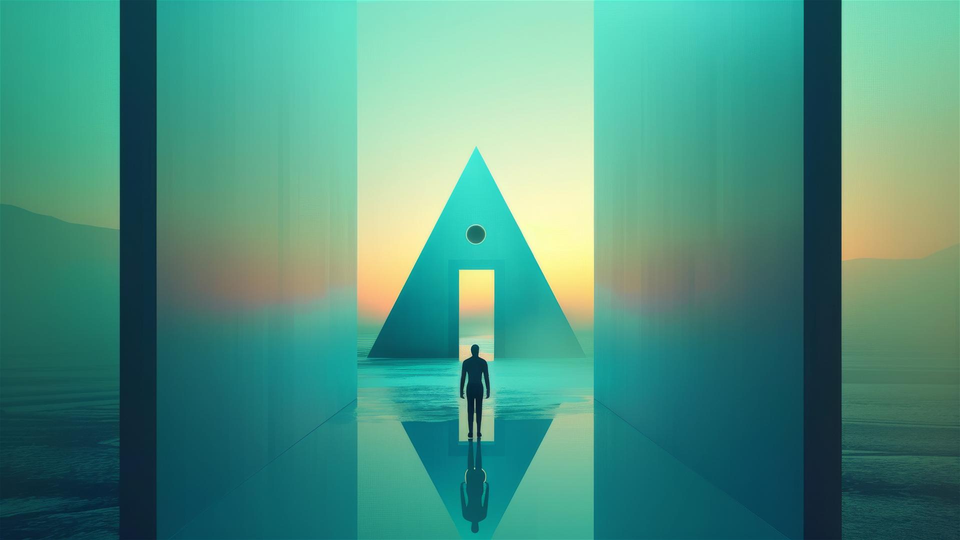 Man stands before a gradient 3D pyramid and rectangle door, buildings resemble 'A' and 'I' in bright pastel green theme.