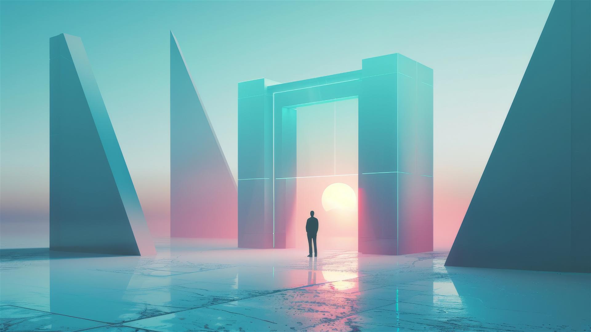 AI tech conference poster with man silhouette, gradient pyramid, rectangle door, and letter-shaped buildings.