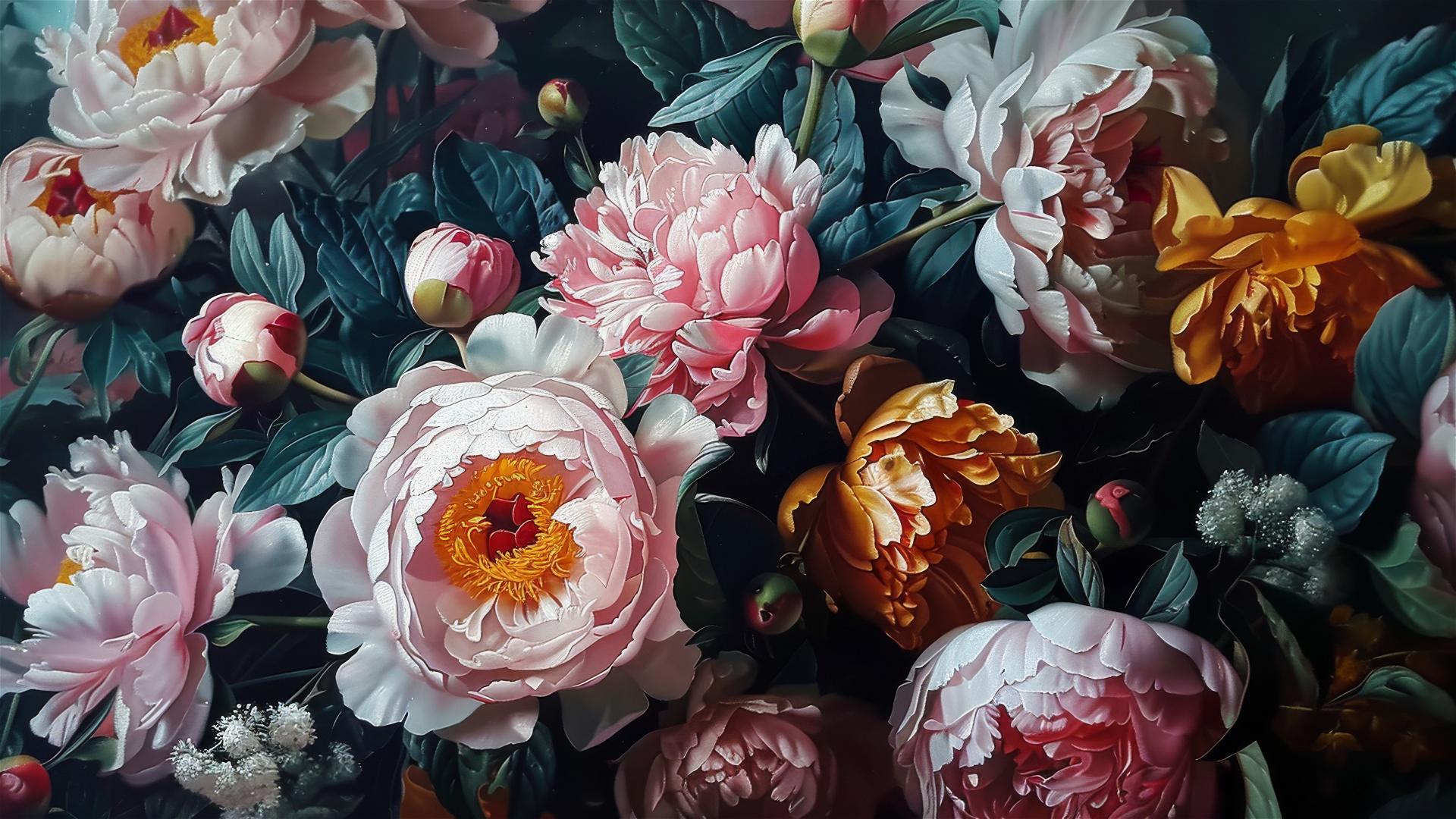 peonies in Tim Maguire's style, neo-romantic contemporary art
