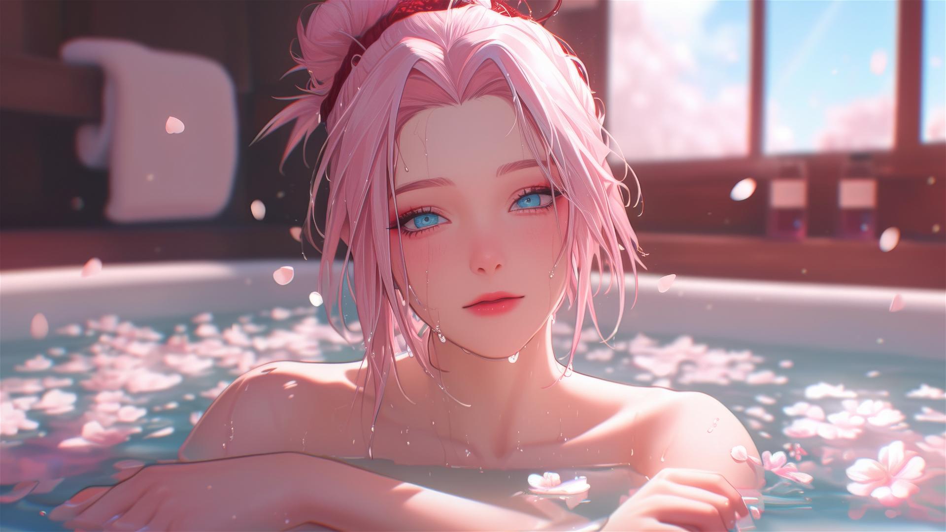 Sakura Haruno in a tub of flowers inside Chinese spa