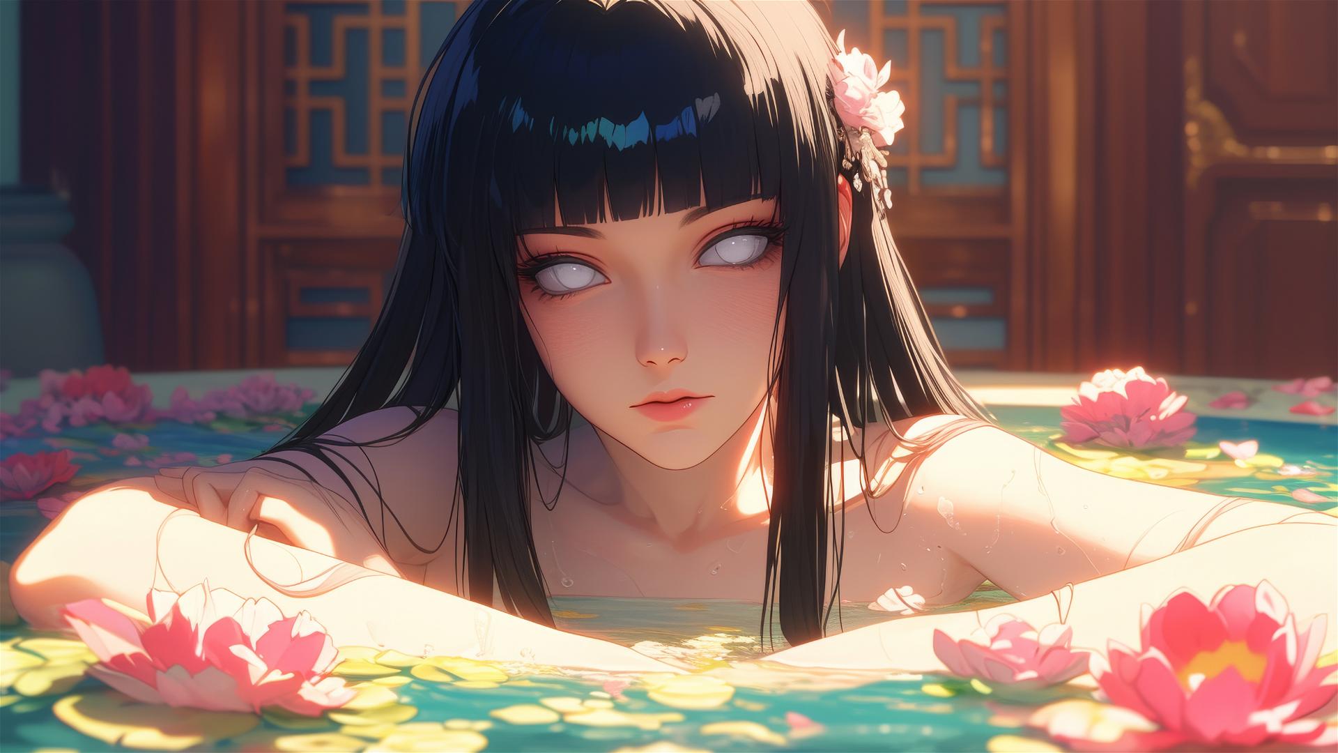 Hinata Hyuga with white eyes in a flower-filled tub inside a Chinese spa