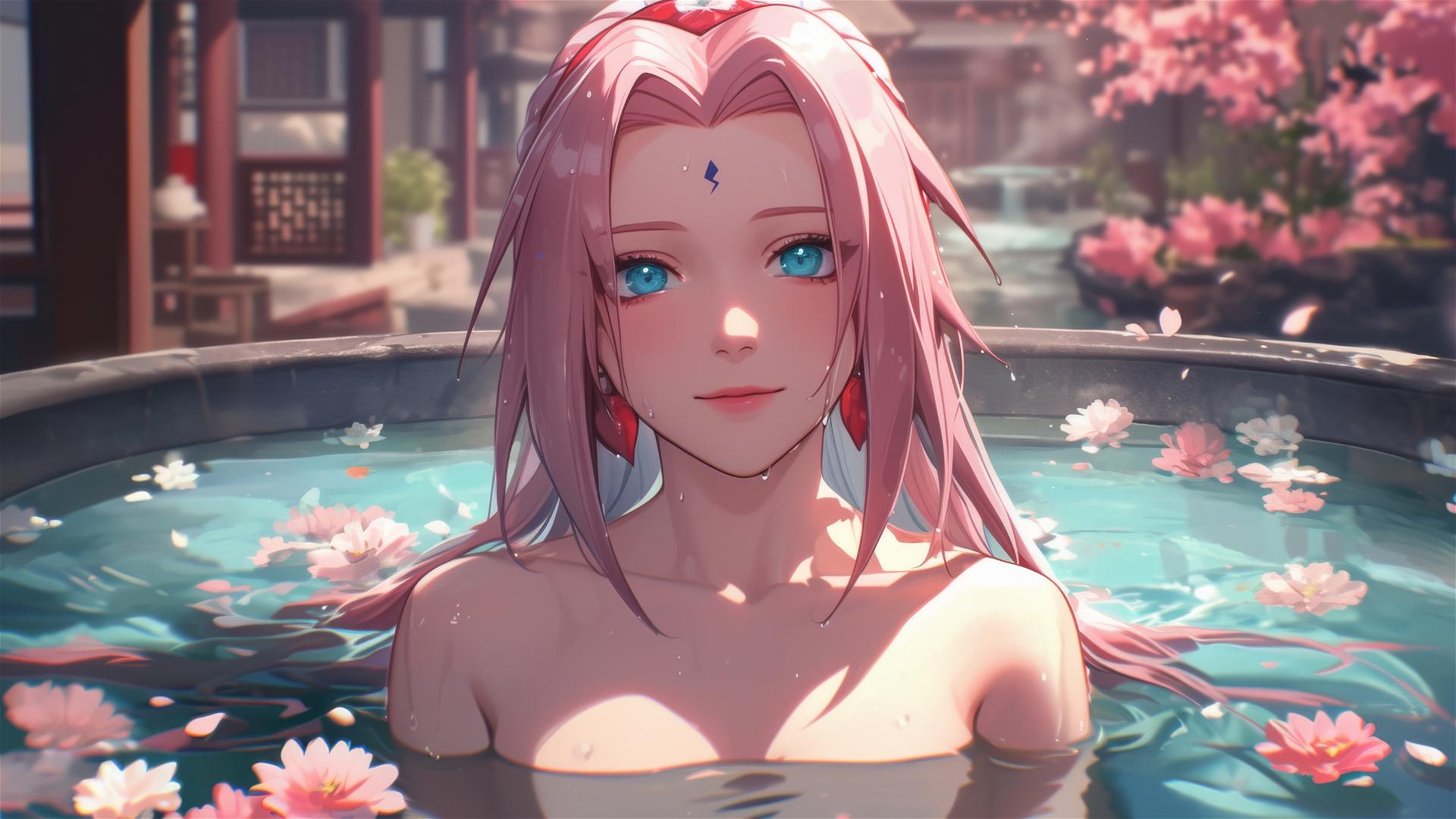 Sakura Haruno in a flower-filled tub at a Chinese spa