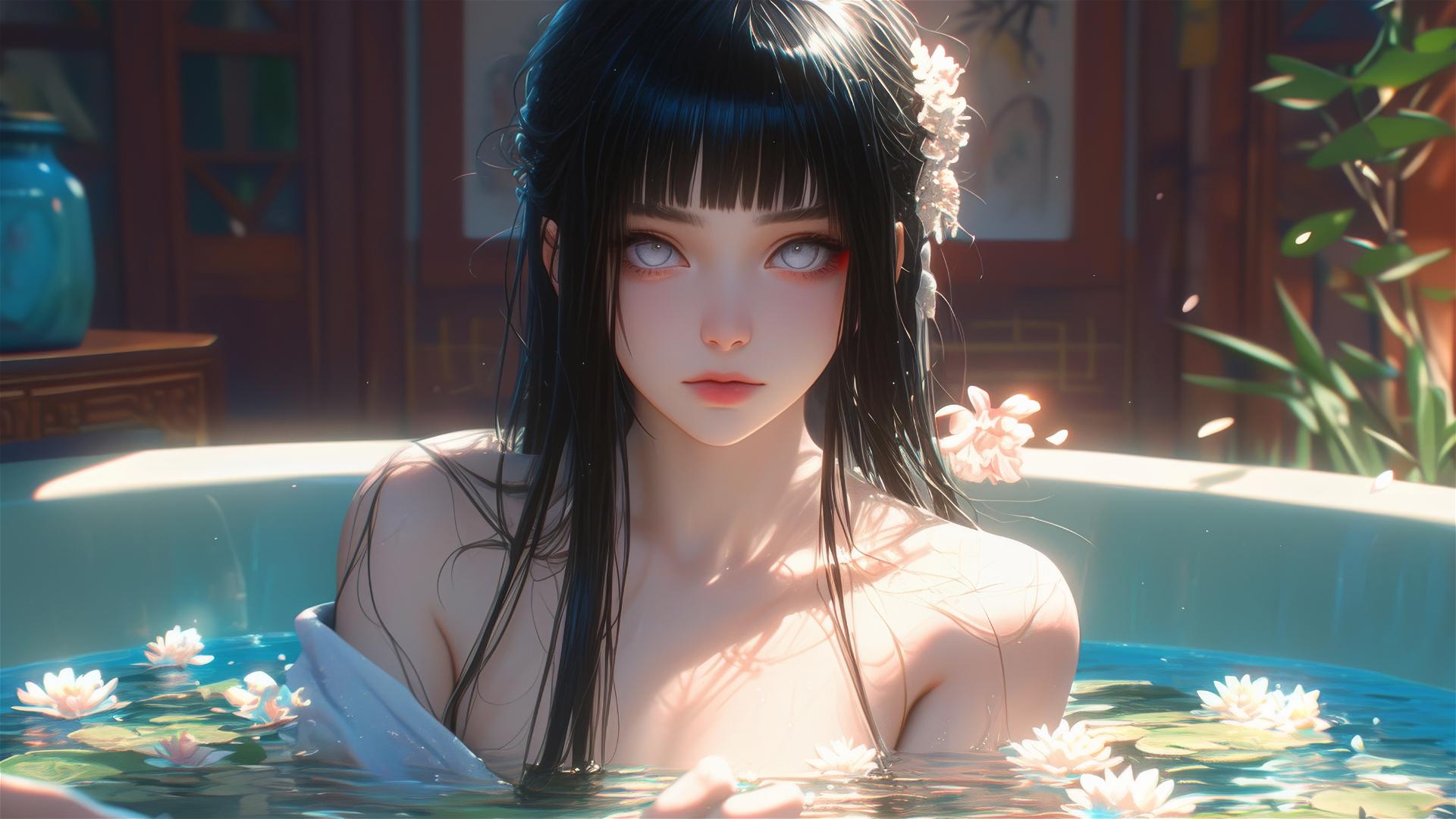 Hinata Hyuga from Naruto in a tub full of flowers at a Chinese spa with white eyes.