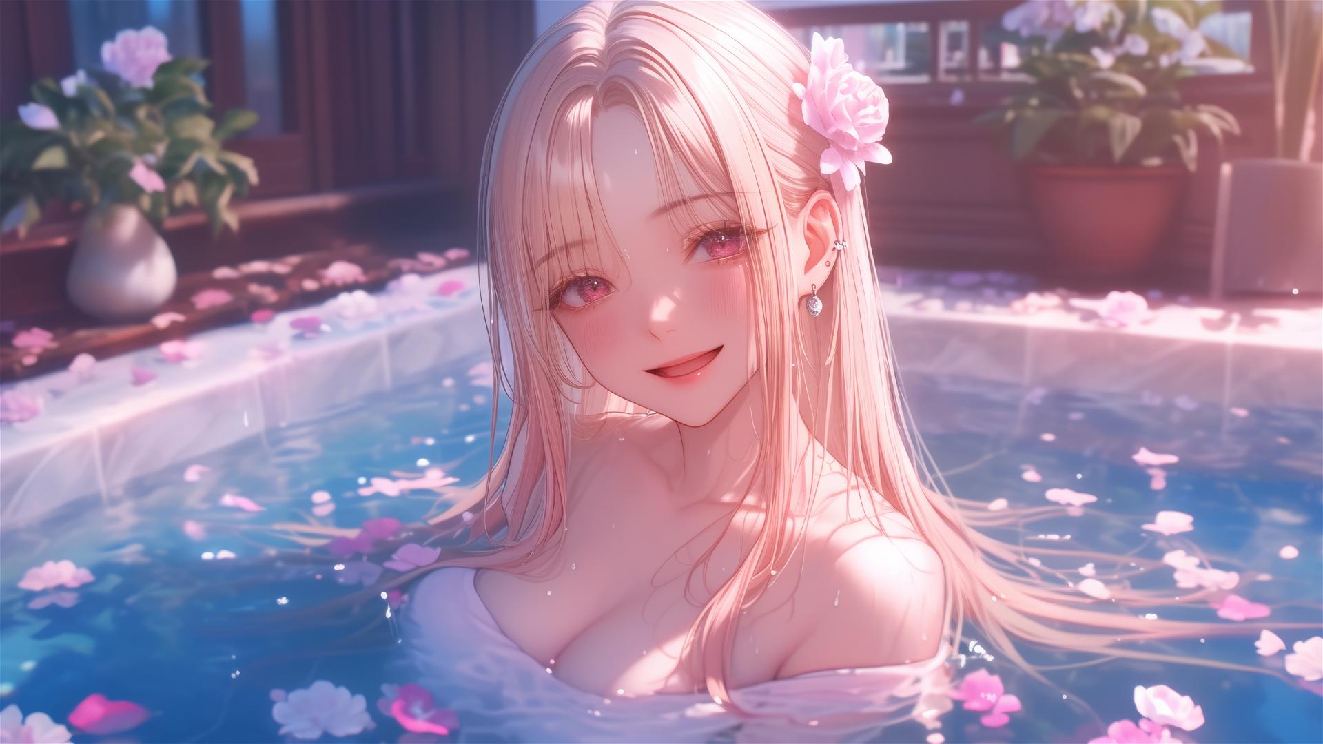 Marin Kitagawa in a flower-filled tub at a Chinese spa, silky blonde hair with pink tips, pinkish eyes.