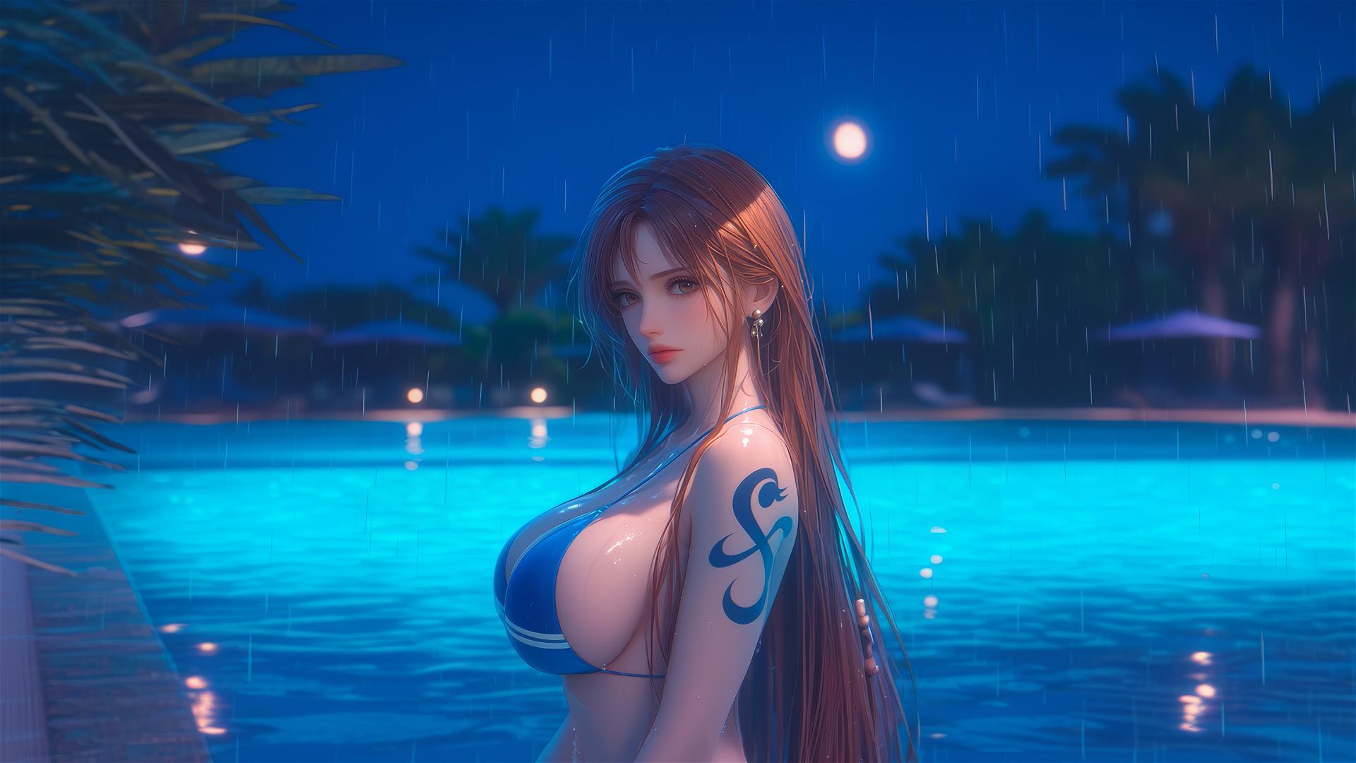 Nami from One Piece resting by a swimming pool at night with moonlight