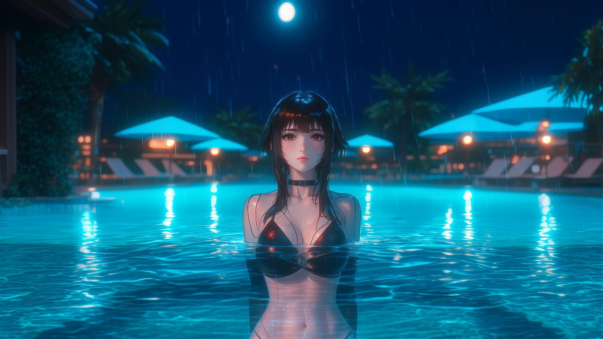 Megumin from KonoSuba stands in a swimming pool under moonlight during rain.