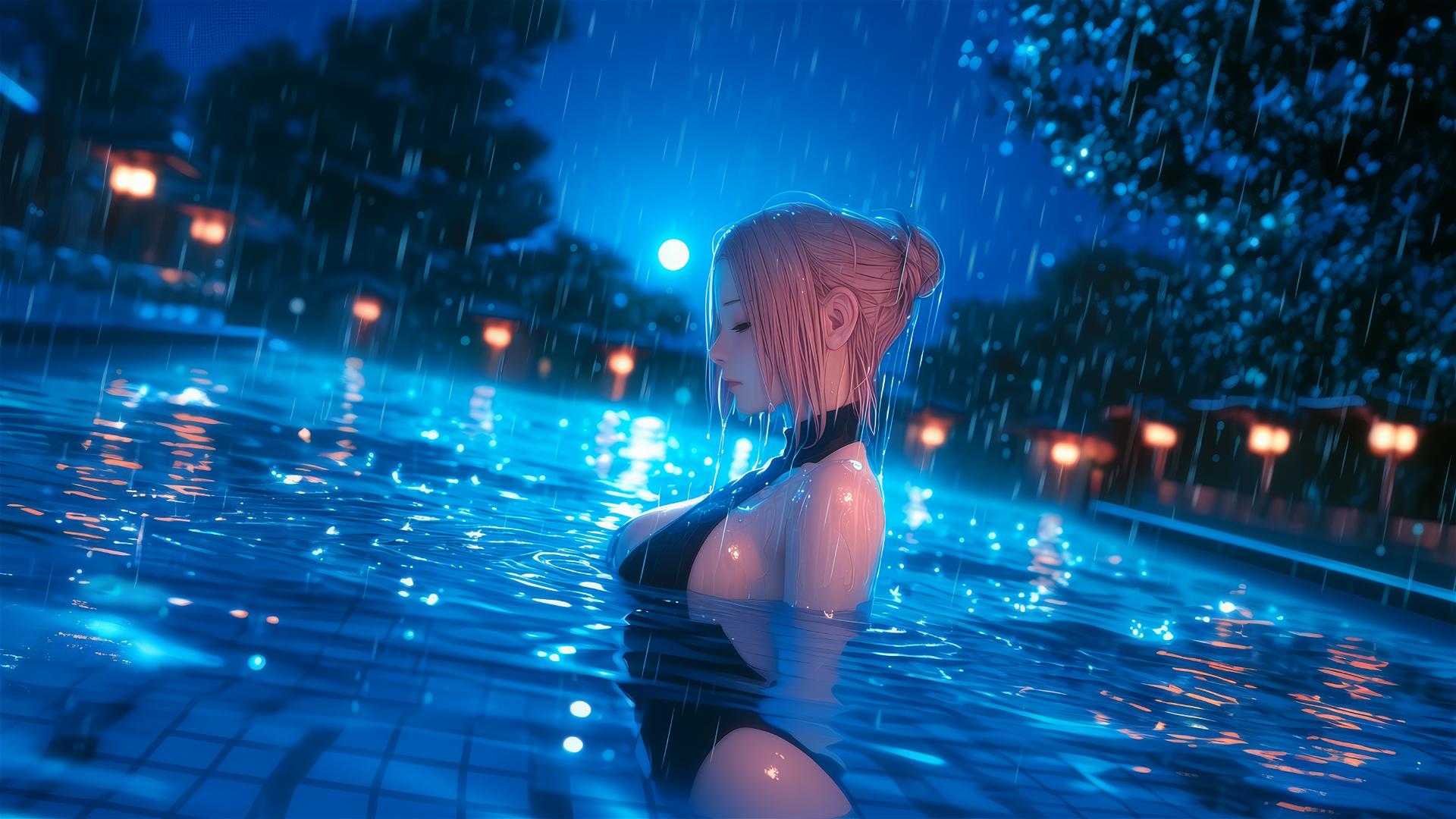 Haruno Sakura standing in a rainy swimming pool under moonlight