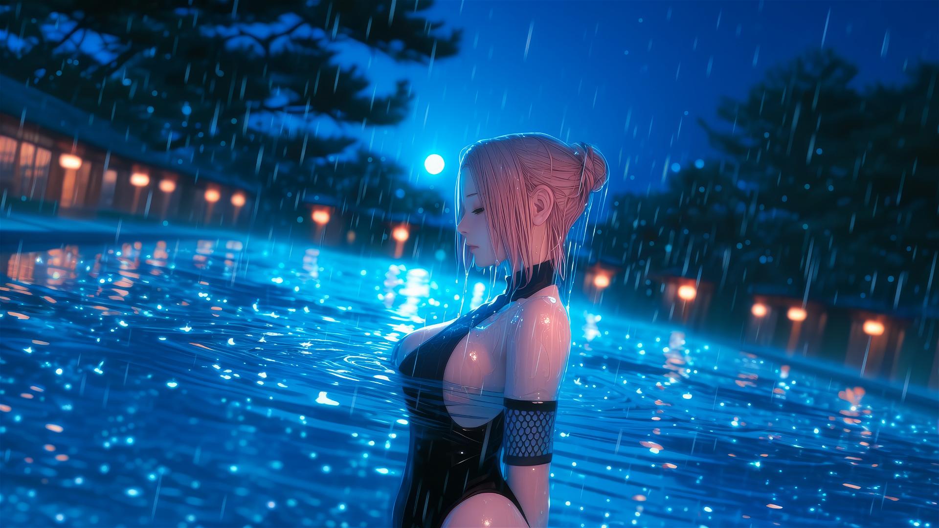 Haruno Sakura stands in a rainy swimming pool under moonlight