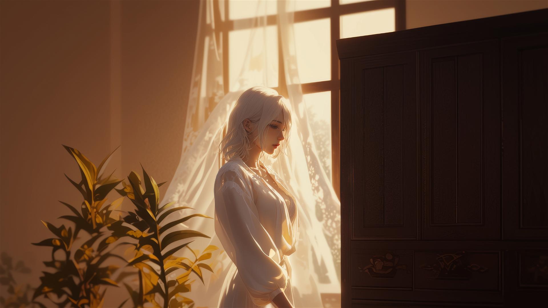 2B from Nier in white silk pajamas by a window during sunrise