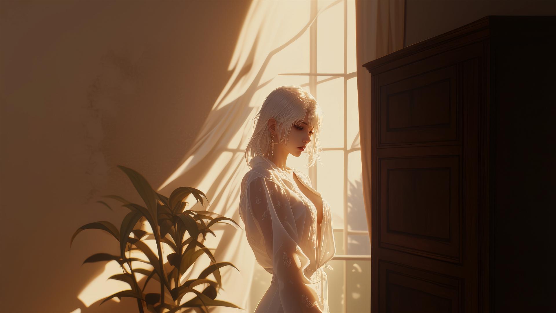 2B from Nier in modern silk pajamas by a sunlit window