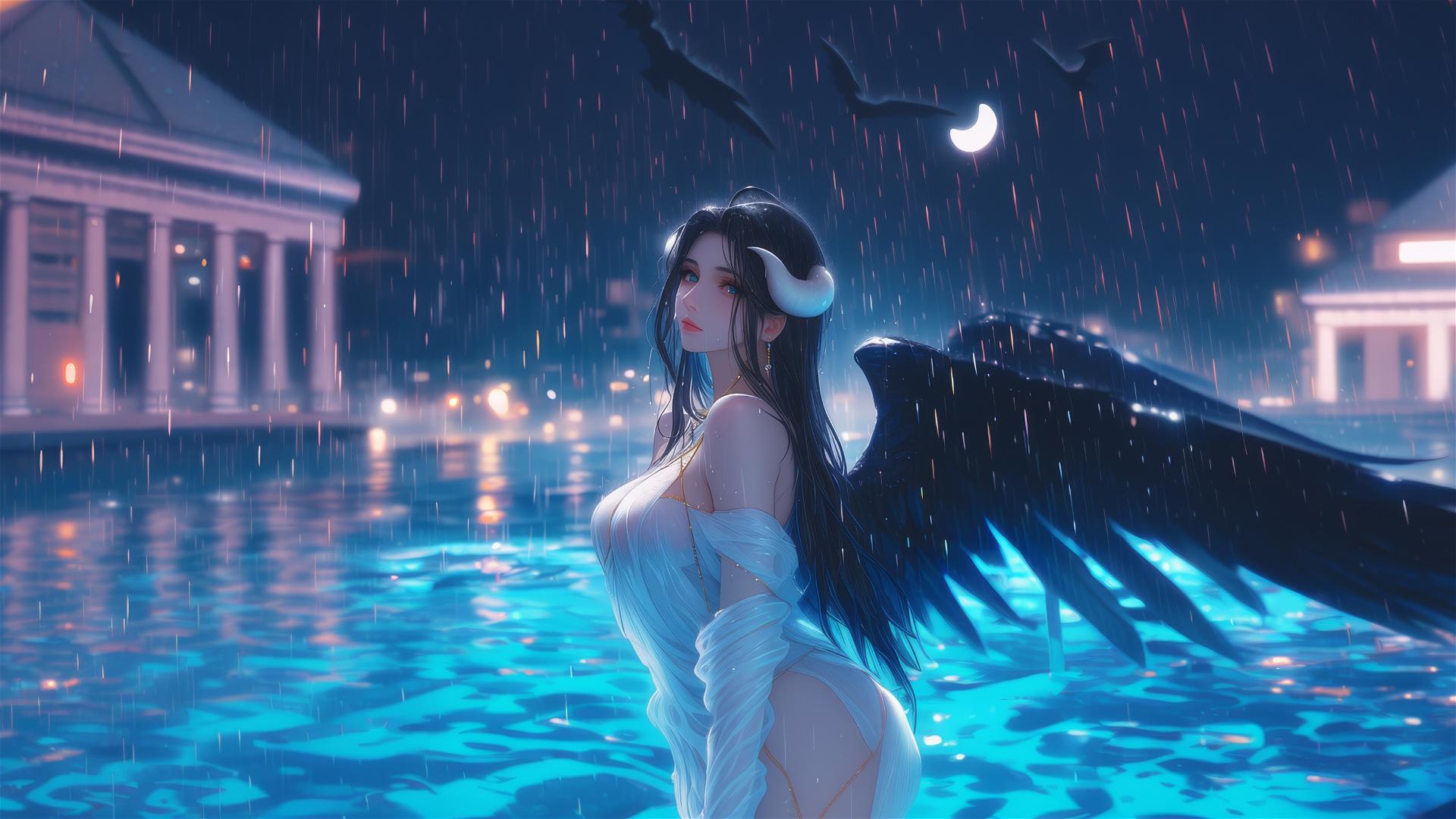 Albedo from Overlord standing in a rainy swimming pool with moonlight
