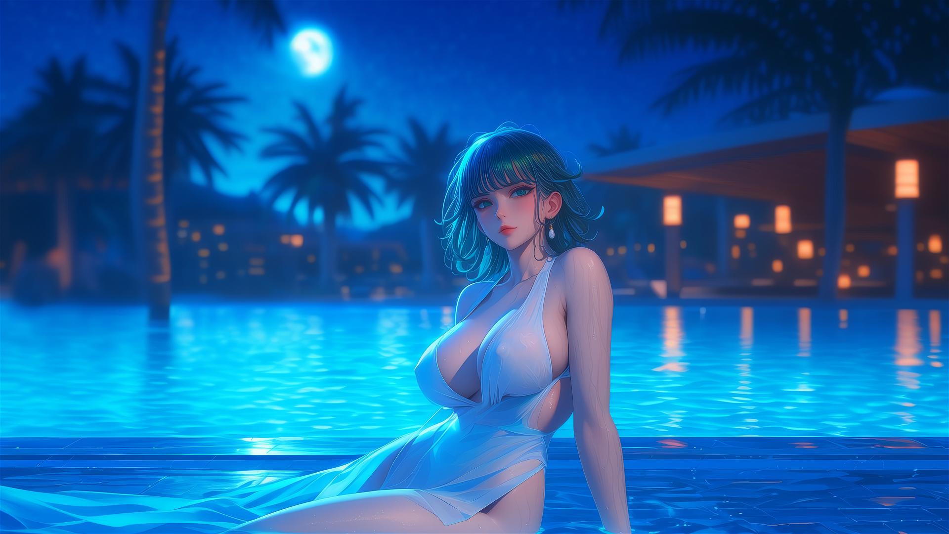 Tatsumaki from One-Punch Man resting by a swimming pool under moonlight