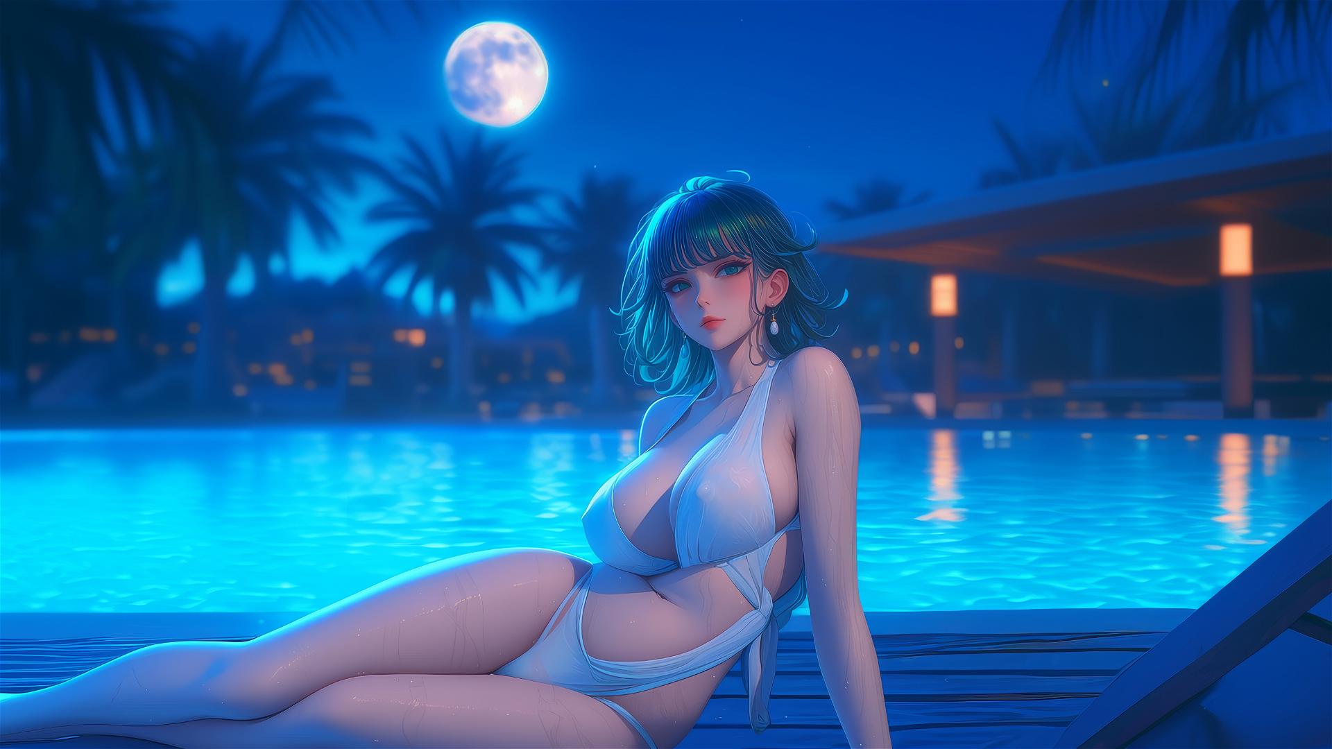 Tatsumaki from One-Punch Man resting by a swimming pool under moonlight