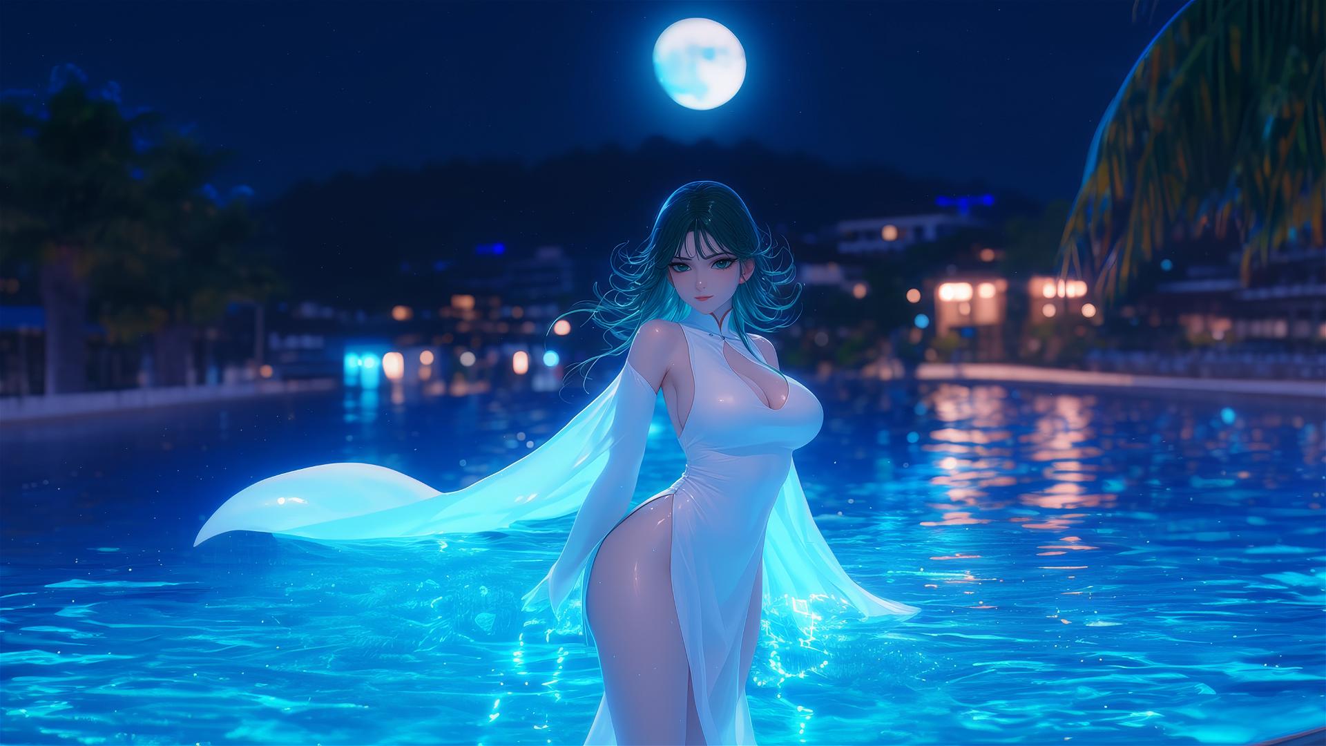 Tatsumaki from One-Punch Man in a white dress, standing in a swimming pool under moonlight and rain.