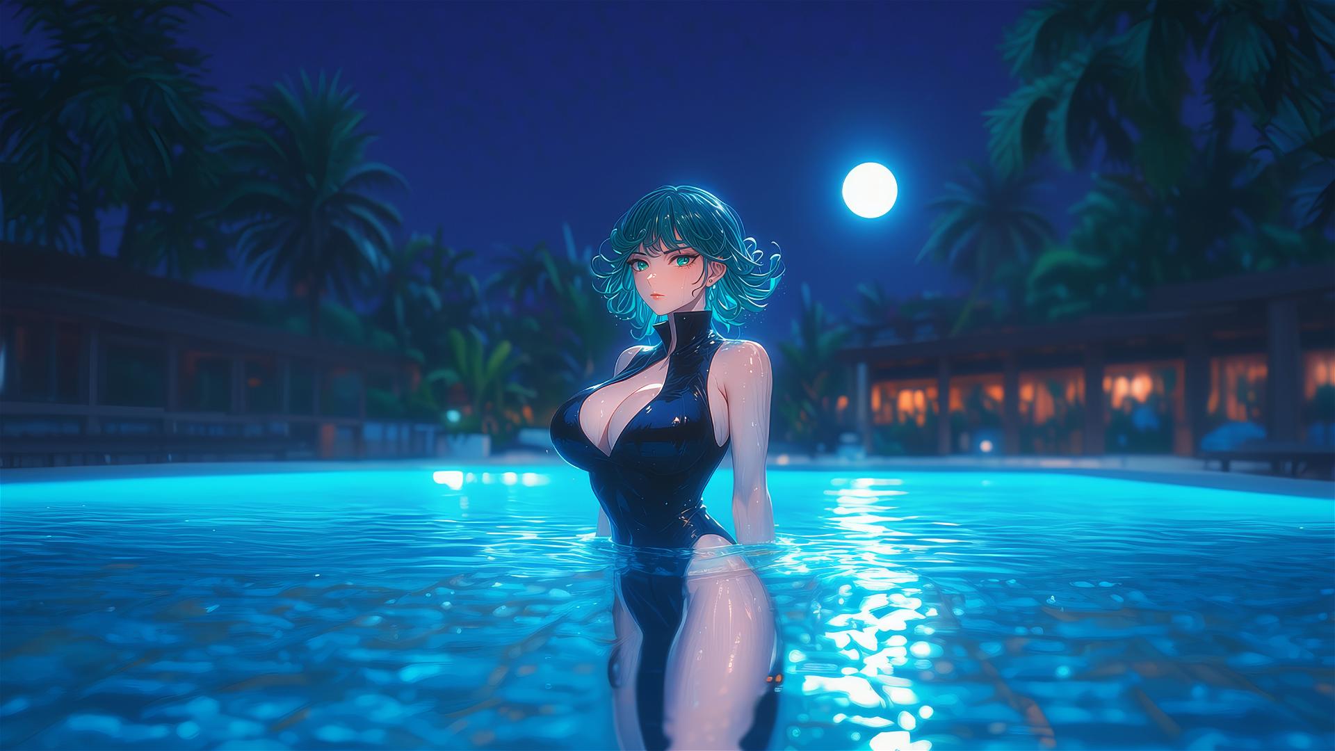 Tatsumaki from One-Punch Man stands in a pool under moonlight with rain.