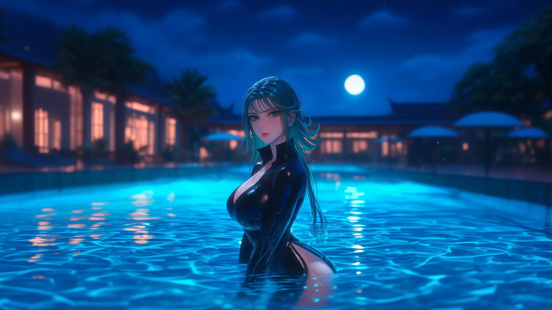 Tatsumaki from One-Punch Man stands leisurely in a pool under moonlight with rain.