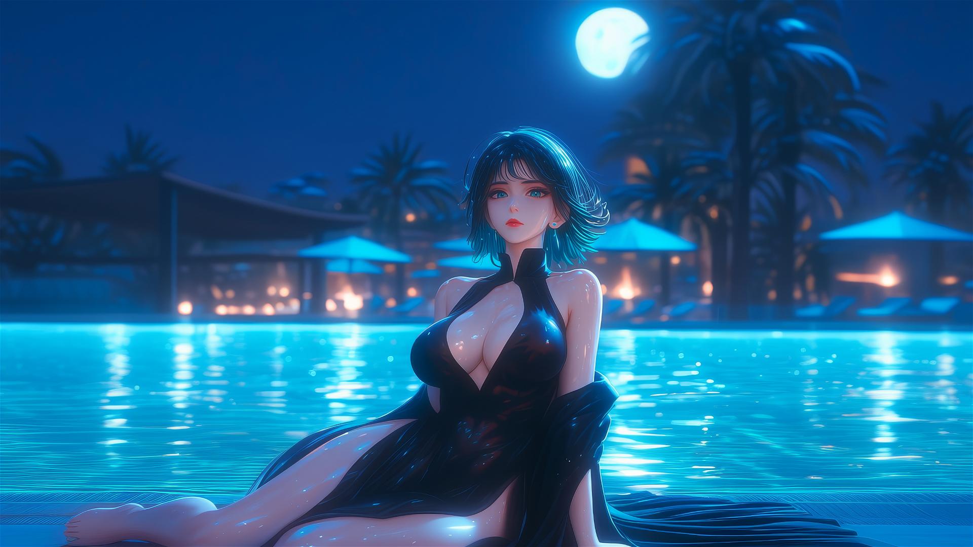 Tatsumaki relaxing by the swimming pool under moonlight