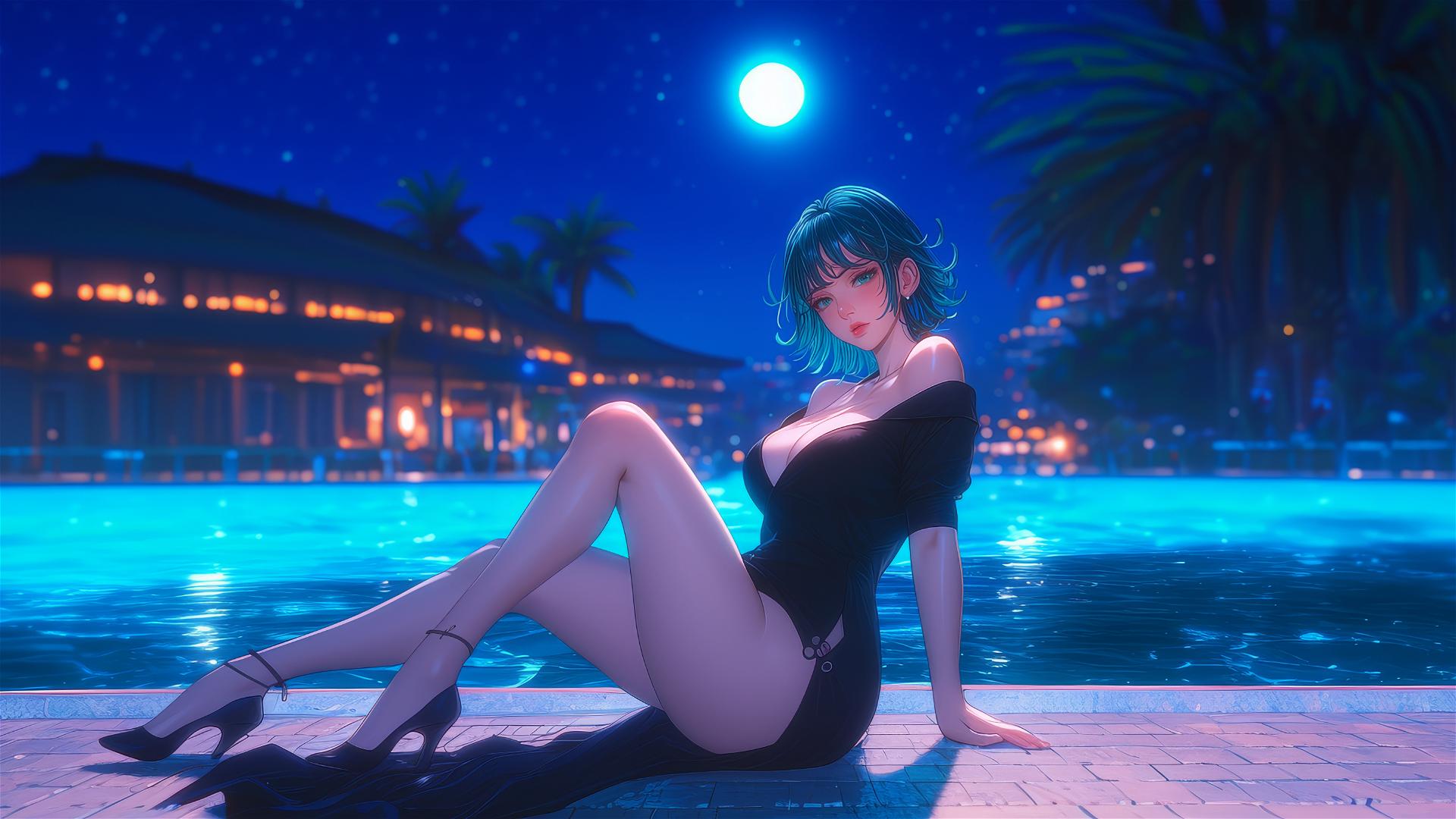 Tatsumaki from One-Punch Man relaxing by the pool under moonlight