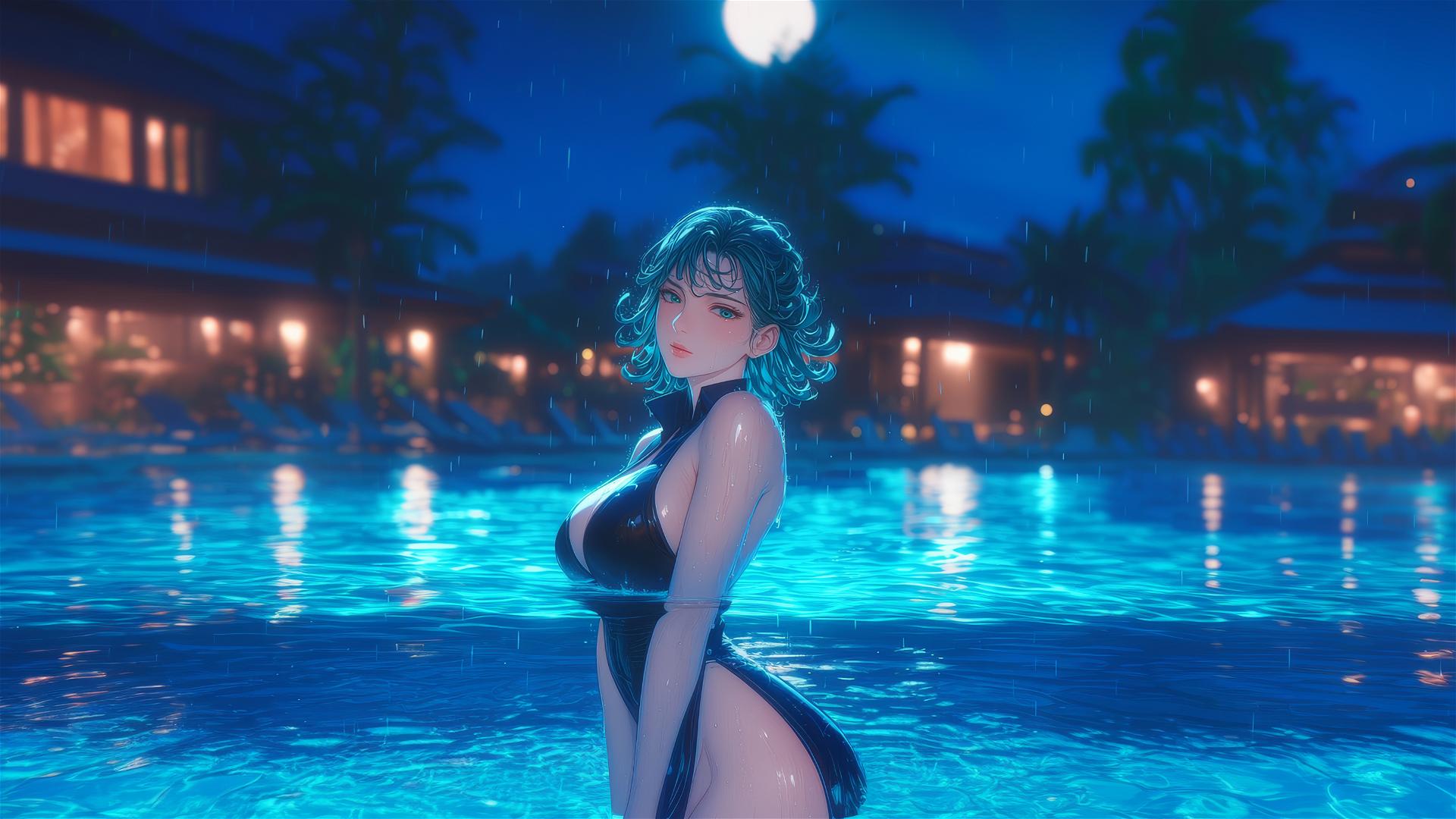 Tatsumaki from One-Punch Man standing in a pool under moonlight in rain.