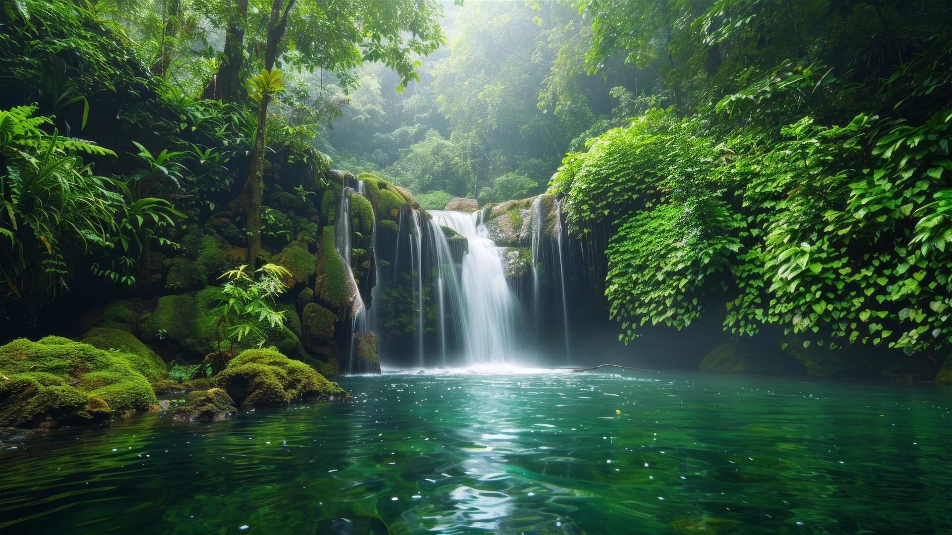 Lush rainforest with a hidden waterfall cascading into a clear pool