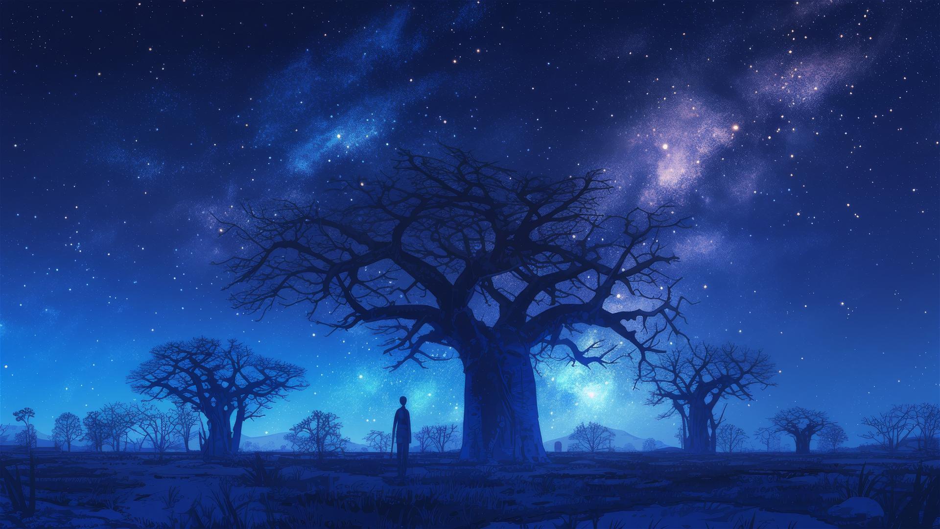 Ancient baobab trees under a starry African sky