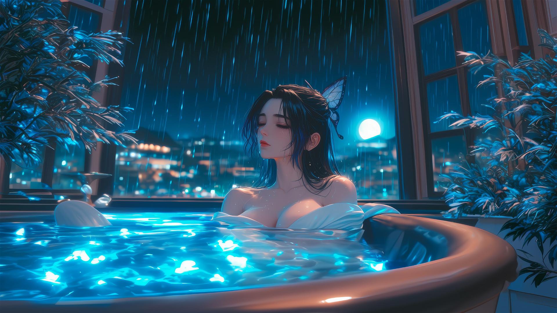 Shinobu Kocho from Demon Slayer resting in a tub under moonlight