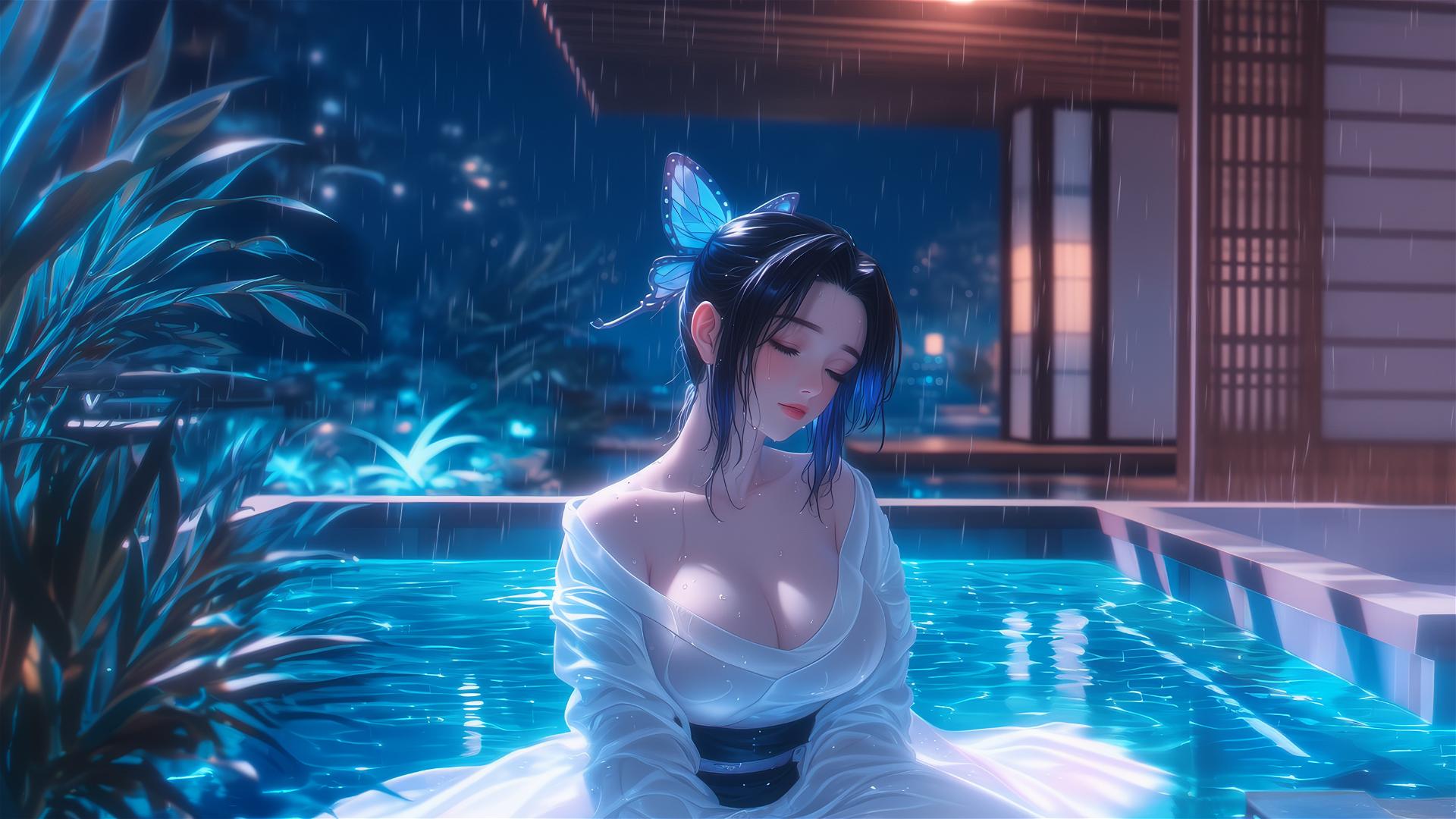 Shinobu Kocho from Demon Slayer resting in a tub with moonlight glow