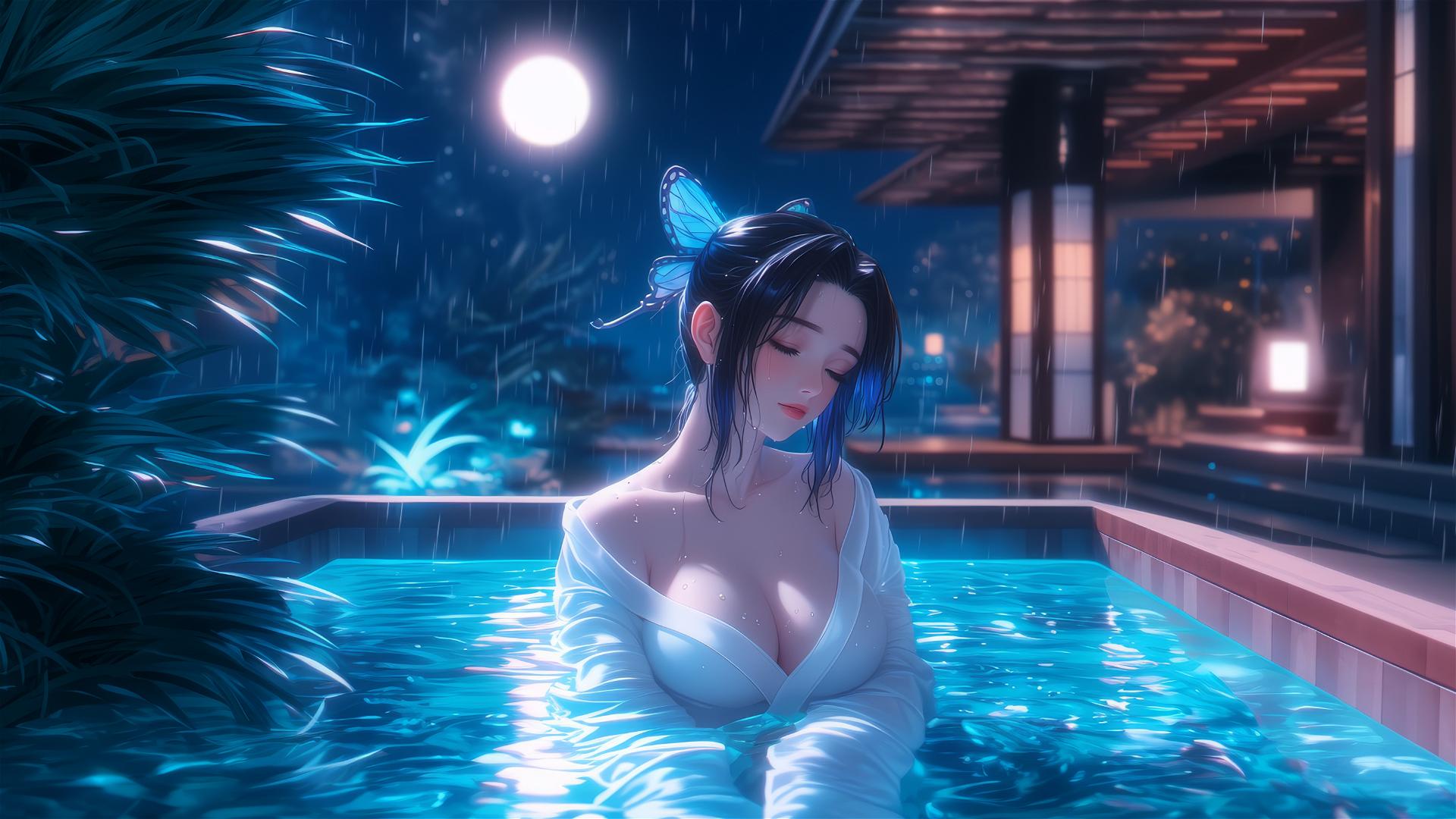 Shinobu Kocho relaxing in a tub, moonlight glowing softly.