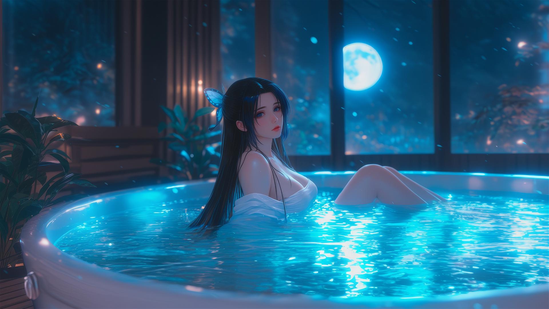 Shinobu Kocho from Demon Slayer relaxing in a tub illuminated by moonlight.