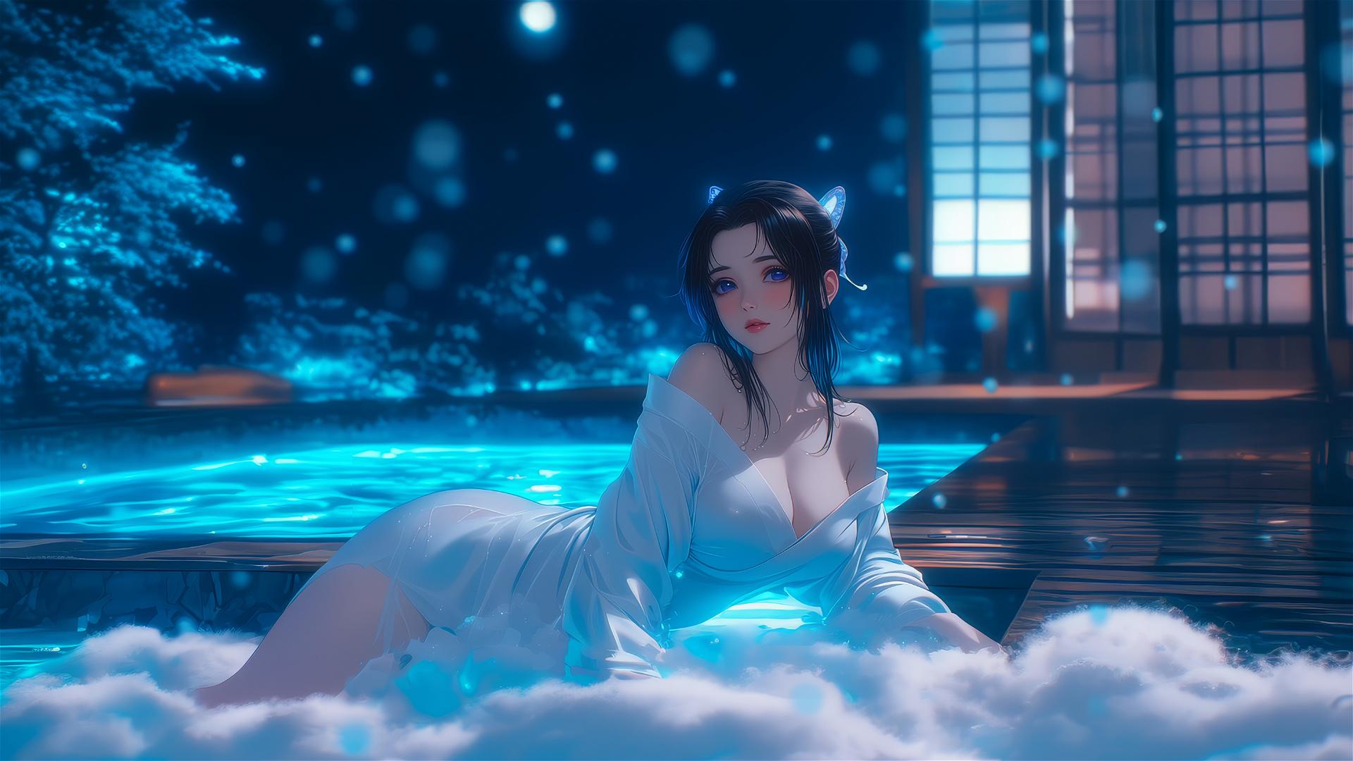Shinobu Kocho from Demon Slayer resting in a tub under moonlight