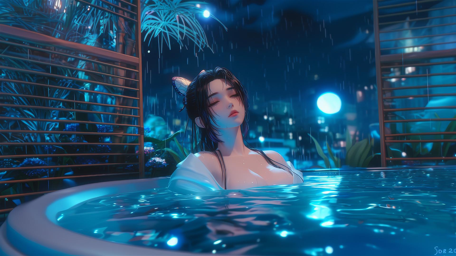 Shinobu Kocho from Demon Slayer in a tub with moonlight glow.