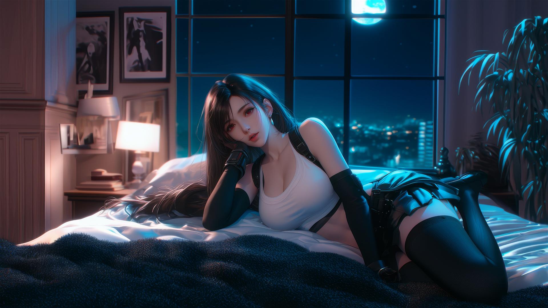 Tifa Lockhart relaxing in her room with moonlight casting a soft glow