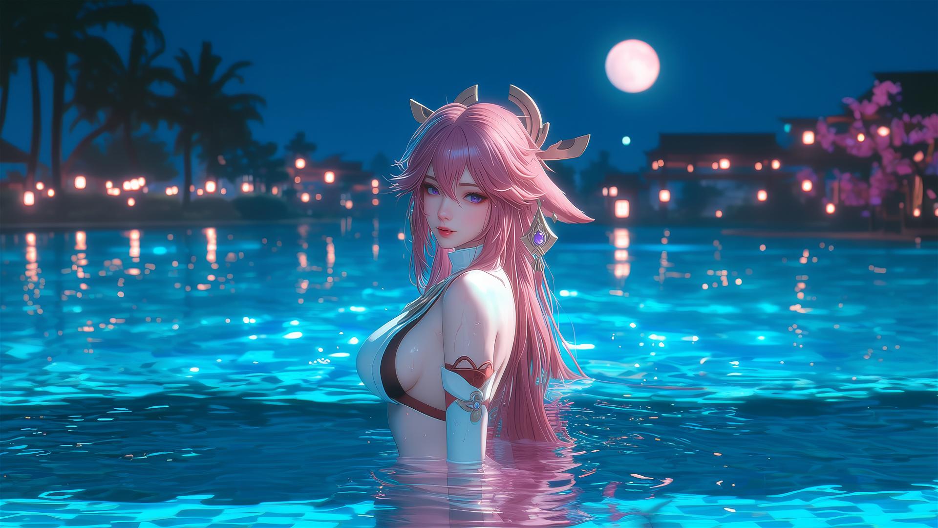 Yae Miko resting by a swimming pool under moonlight