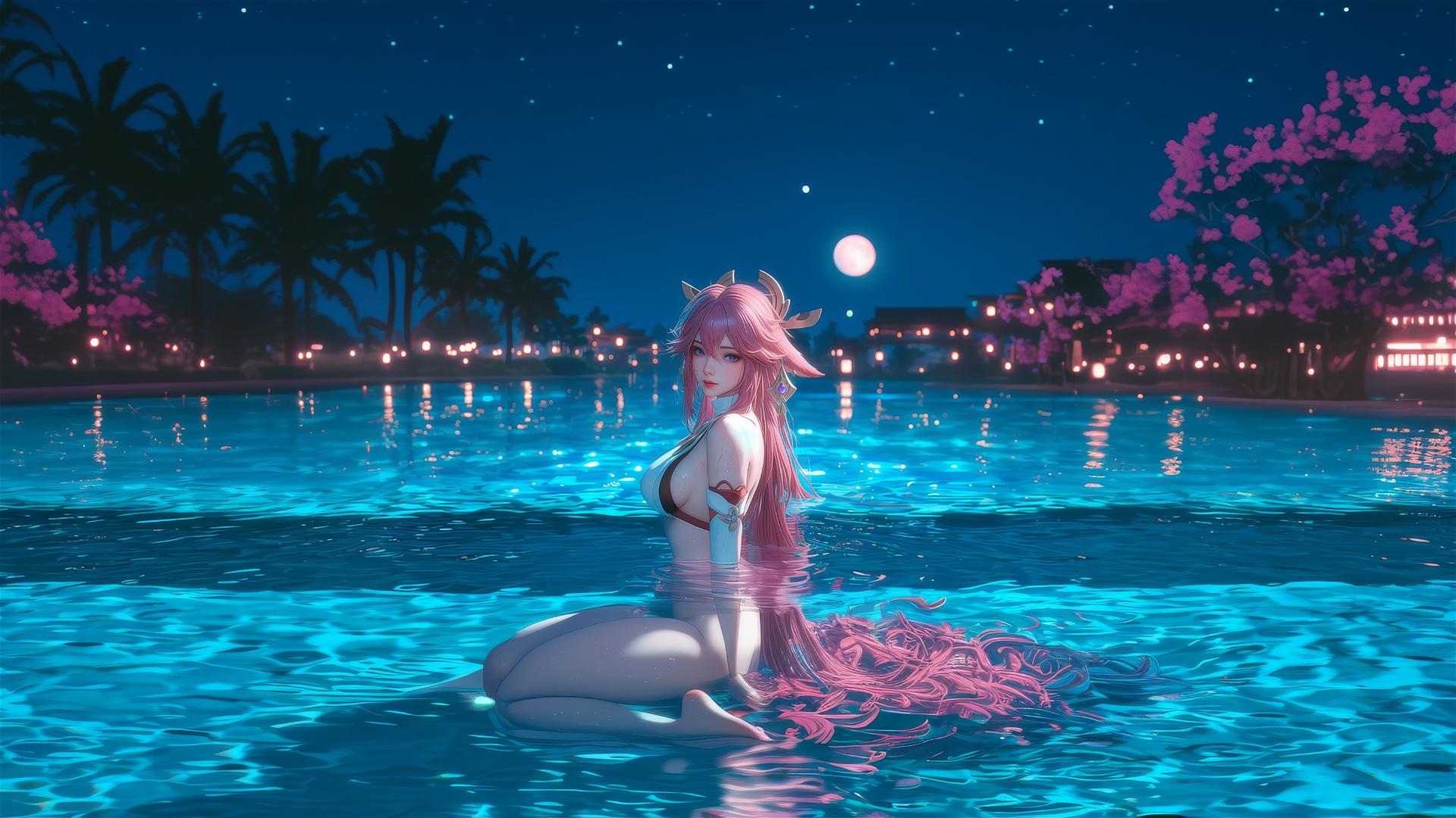Yae Miko with pink hair and purple eyes rests at a pool under moonlight