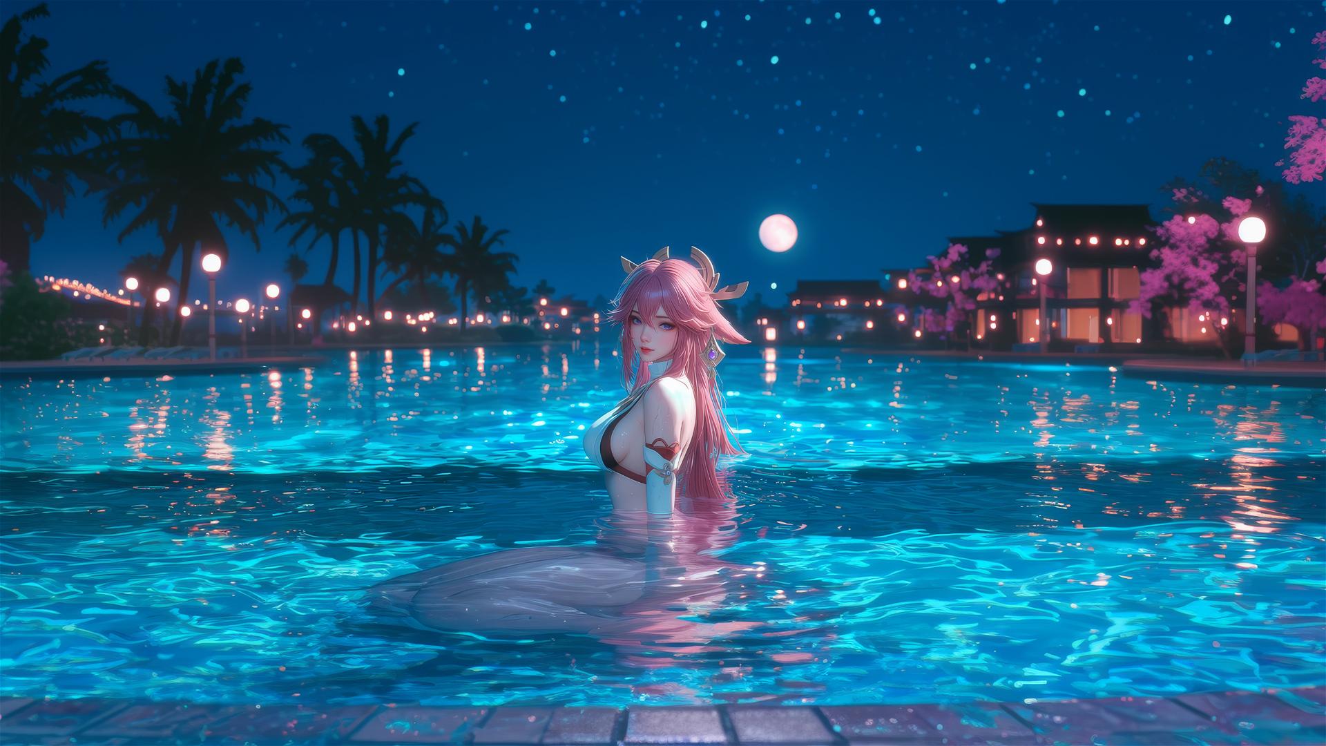 Yae Miko from Genshin Impact resting at a pool in moonlight