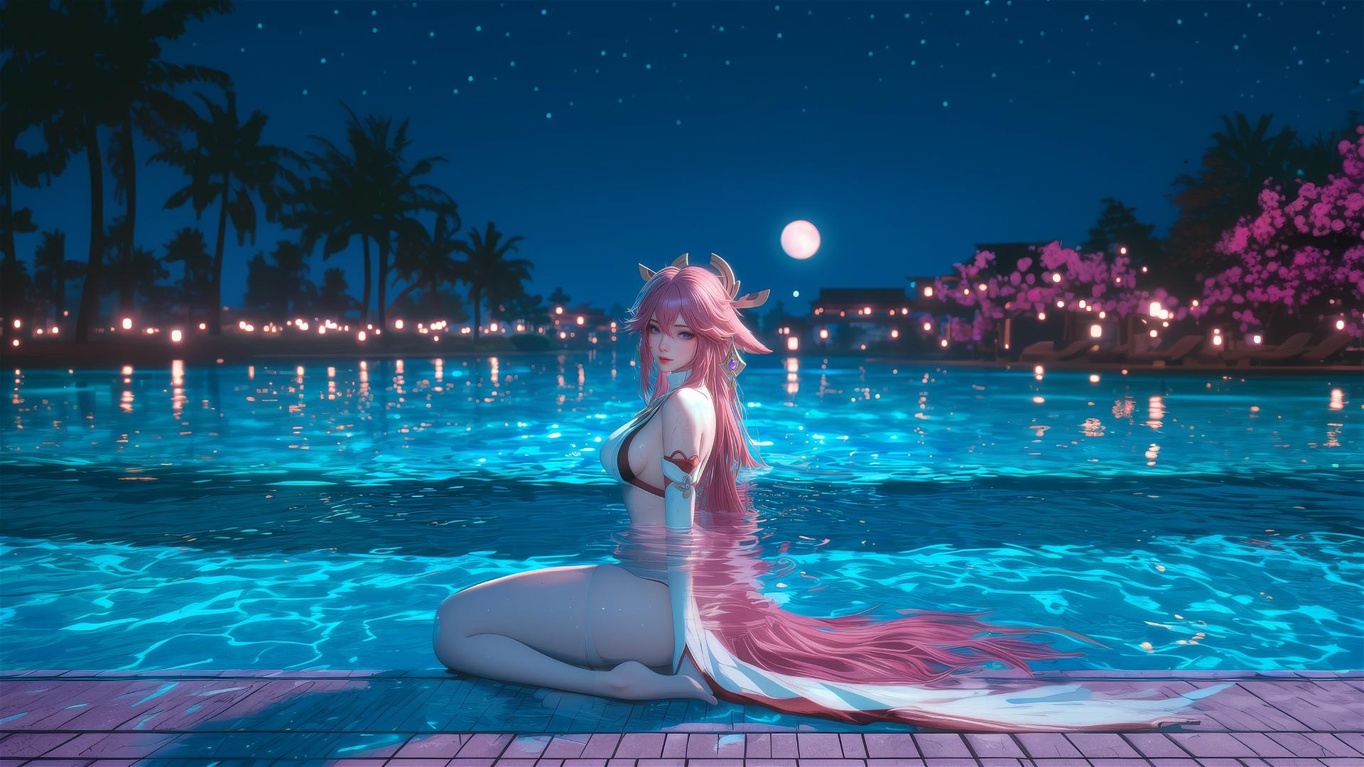 Yae Miko from Genshin Impact resting by the swimming pool under moonlight