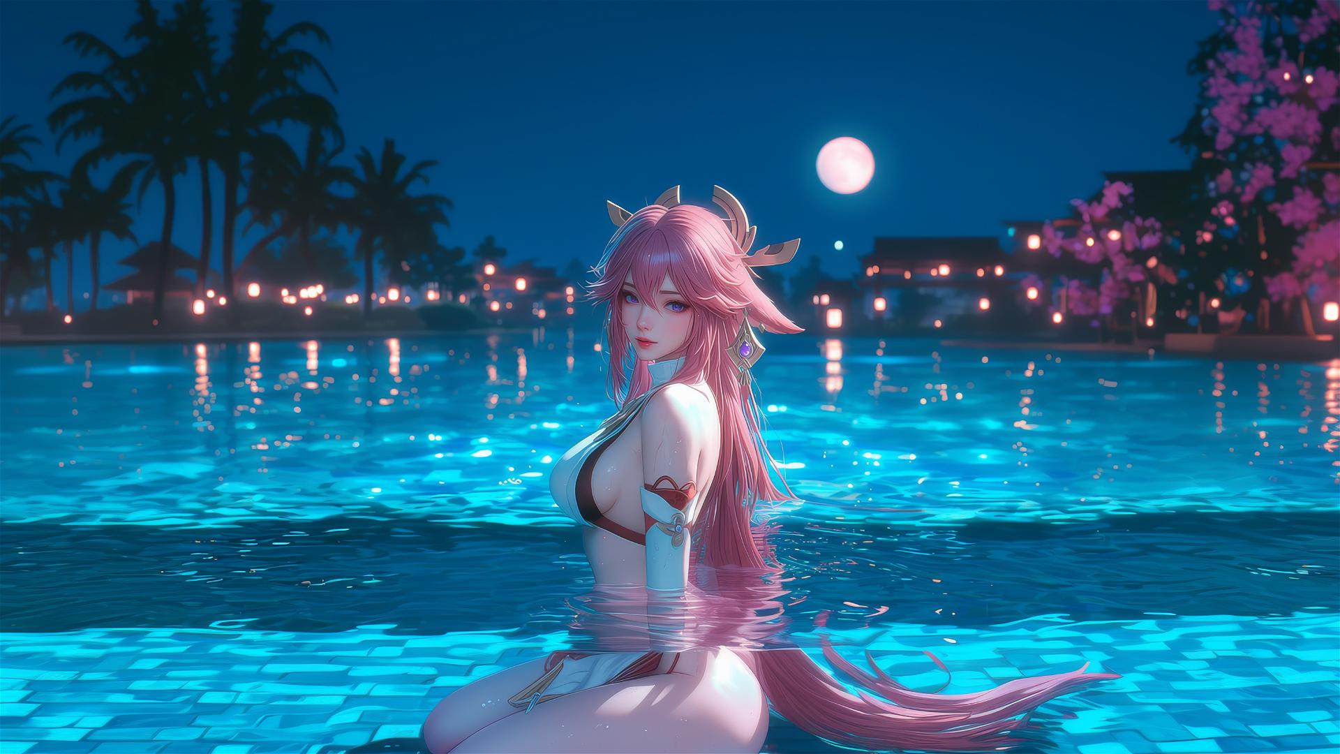 Yae Miko resting at a swimming pool under moonlight, pink hair, purple eyes.