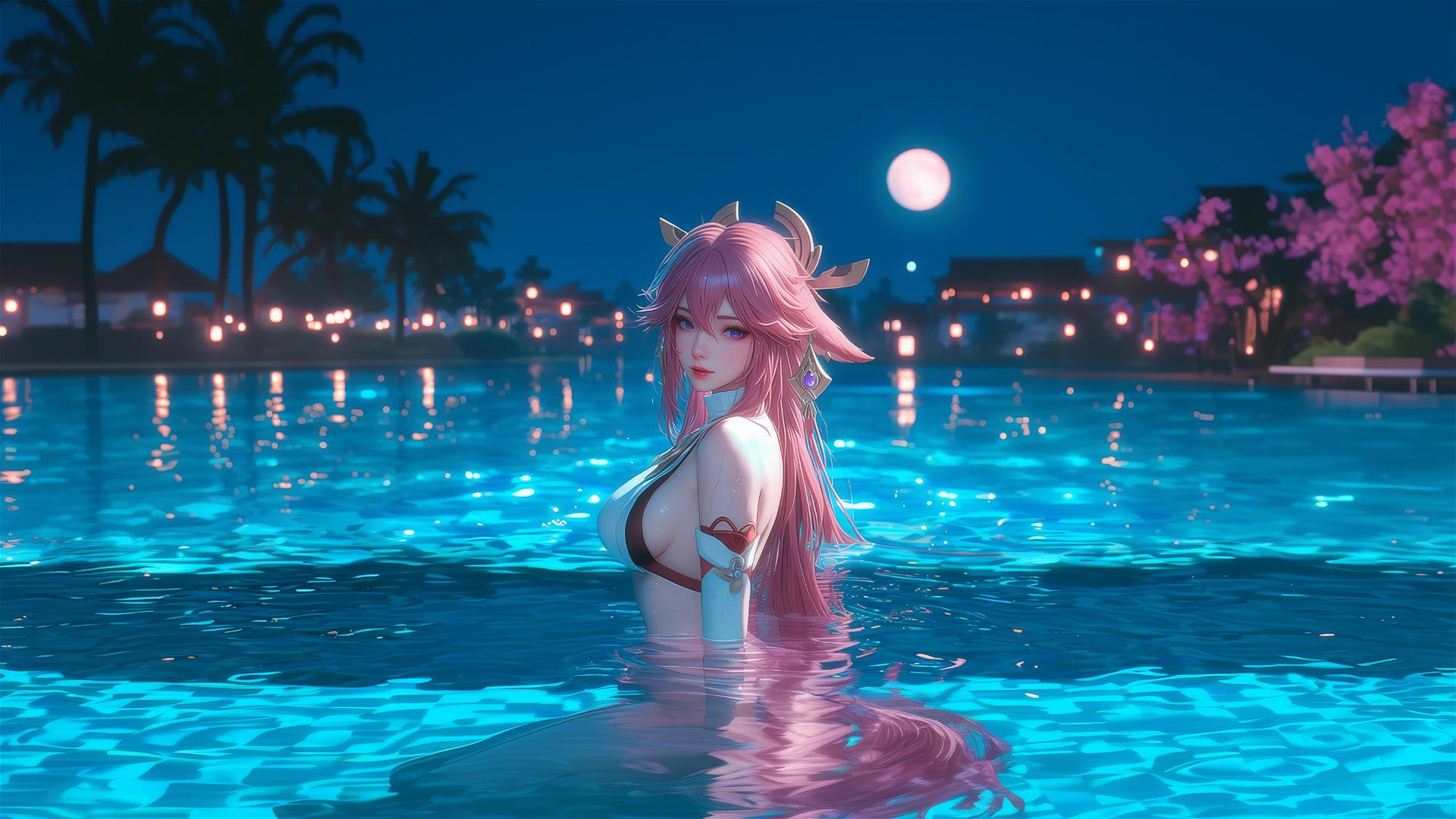 Yae Miko from Genshin Impact resting by swimming pool under moonlight.