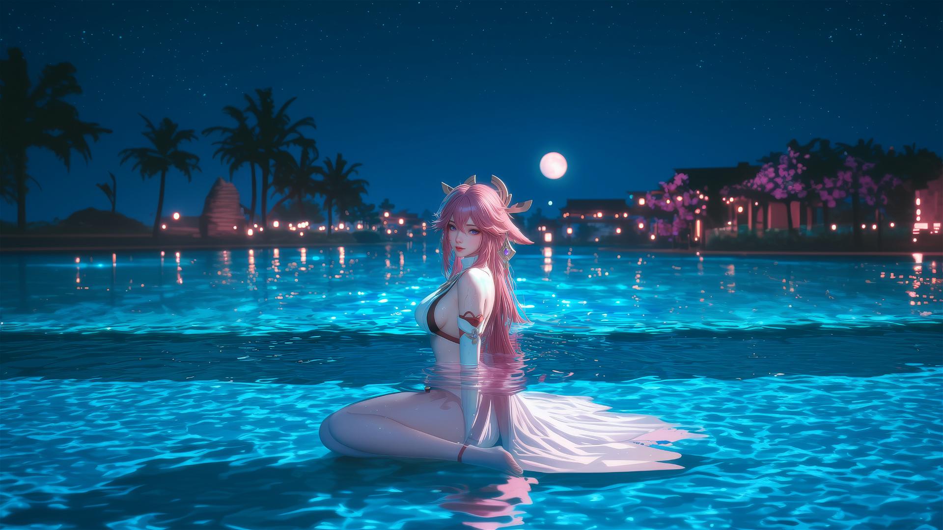Yae Miko from Genshin Impact resting at a swimming pool under moonlight