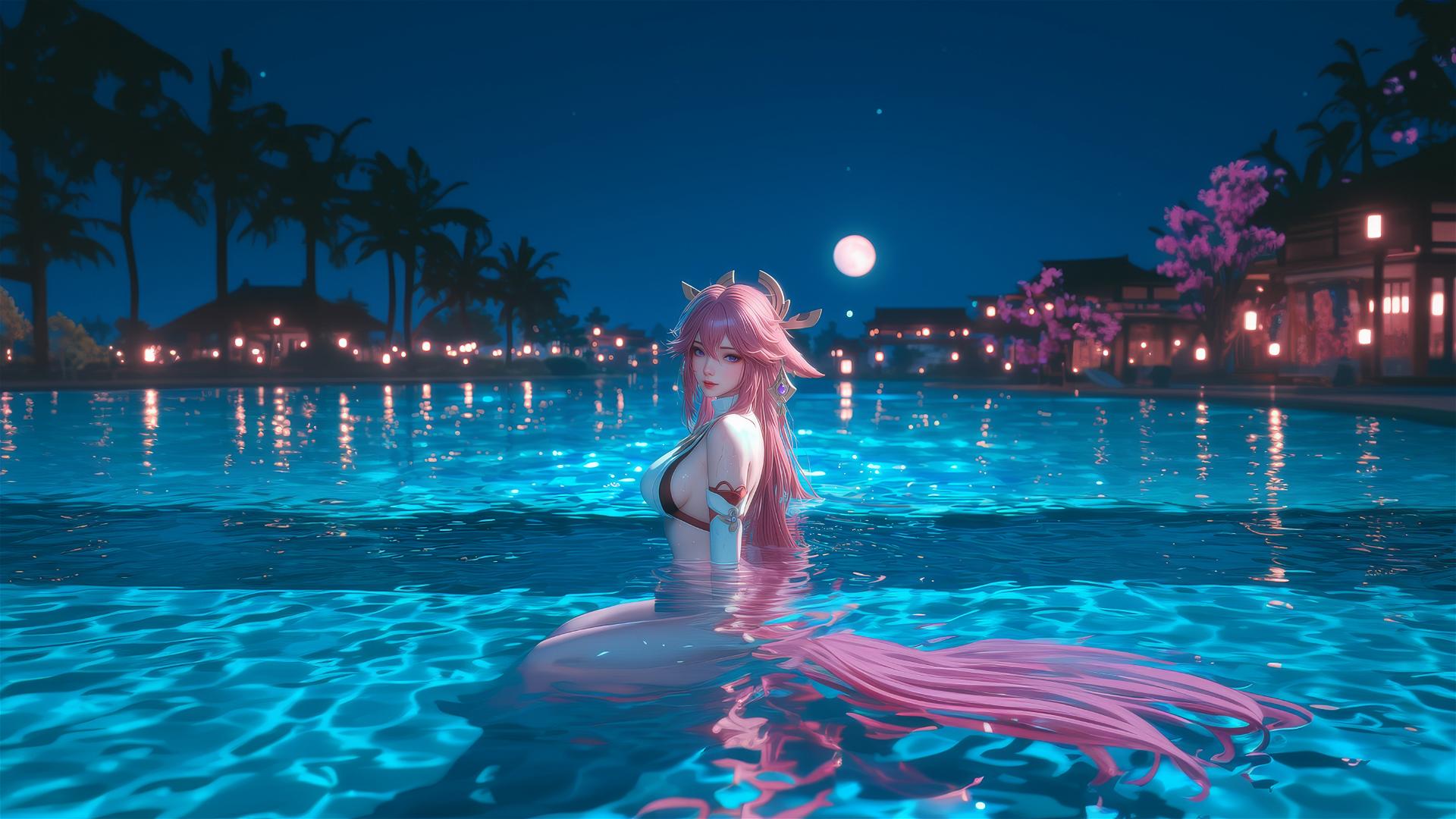 Yae Miko from Genshin Impact resting by the pool, moonlight glow, pink hair, purple eyes.