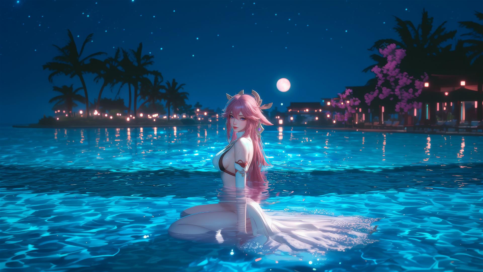 Yae Miko from Genshin Impact lounging by a pool under moonlight