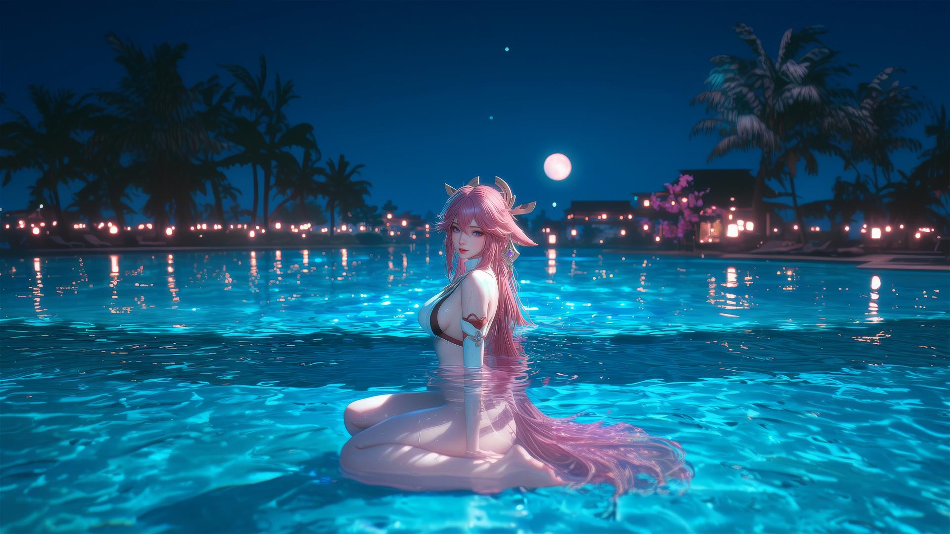 Yae Miko from Genshin Impact resting at a swimming pool under moonlight.