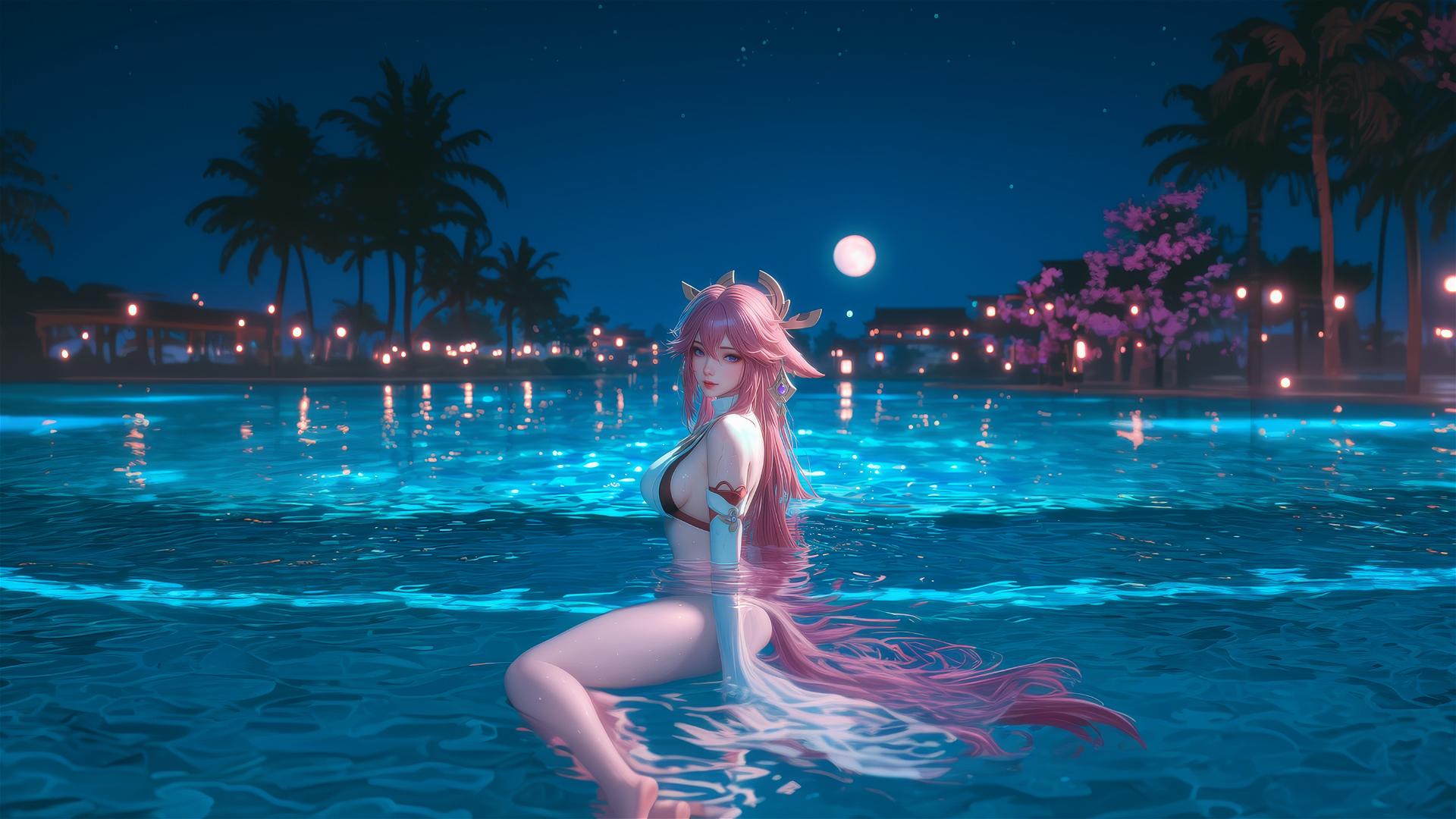 Yae Miko from Genshin Impact resting by a moonlit pool