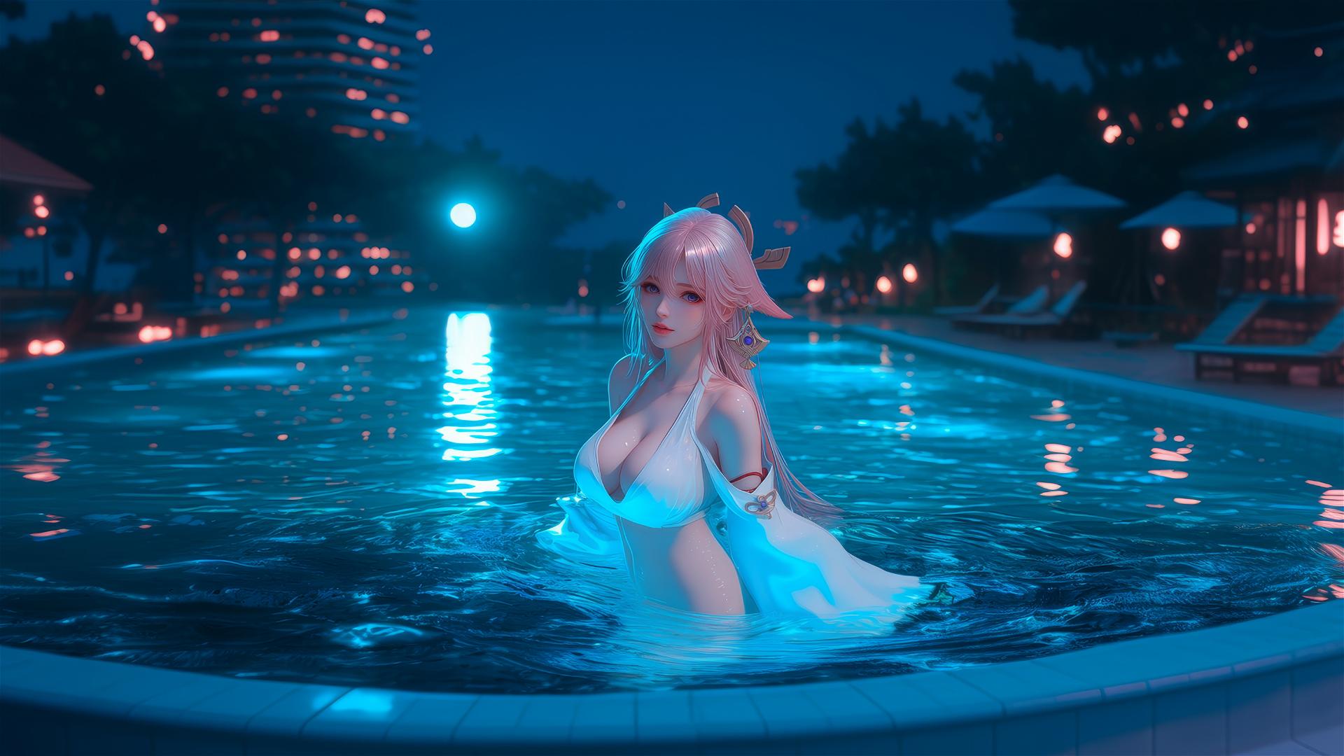 Yae Miko from Genshin Impact resting by a pool under moonlight.