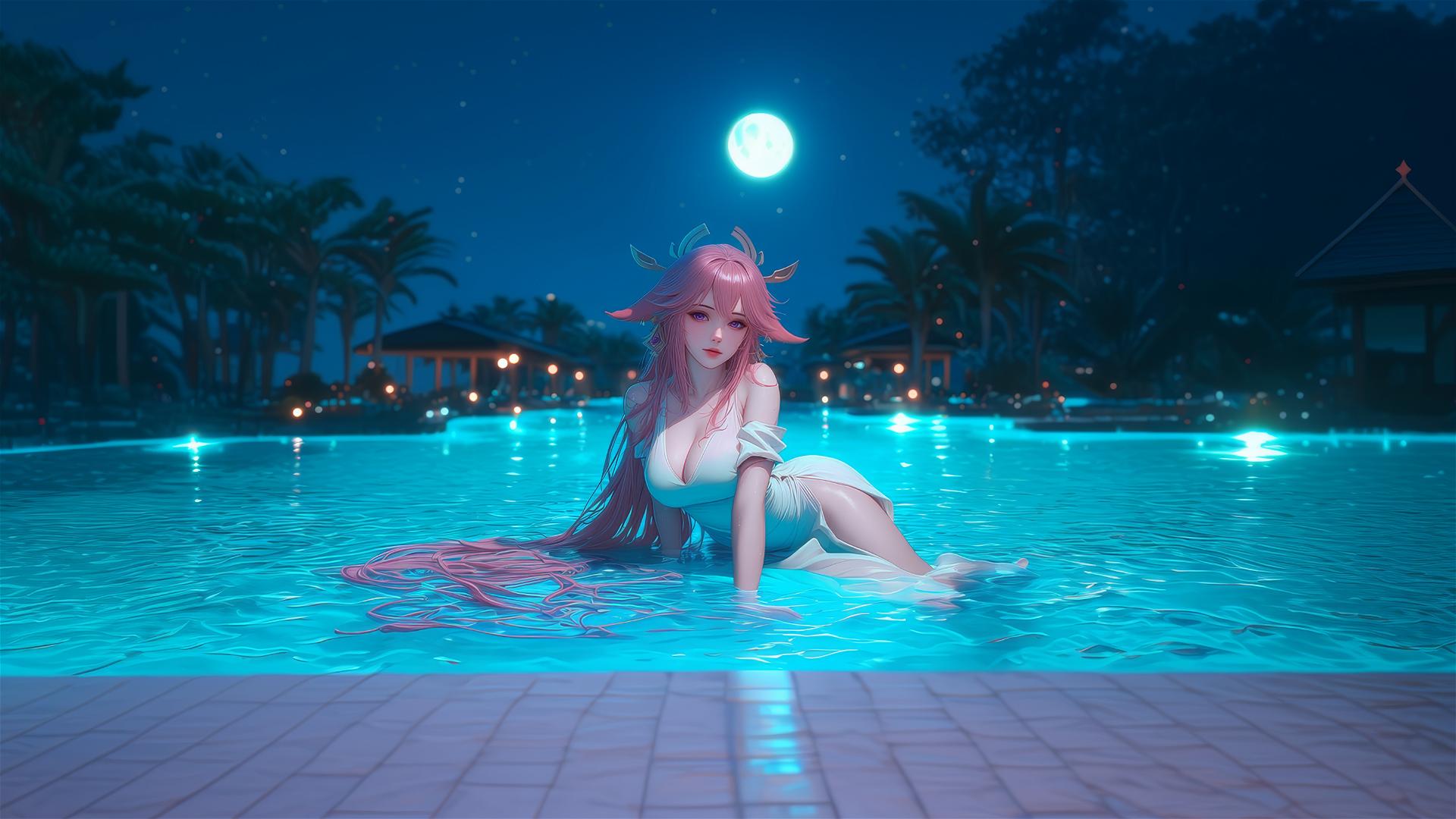 Yae Miko from Genshin Impact resting by a swimming pool under moonlight