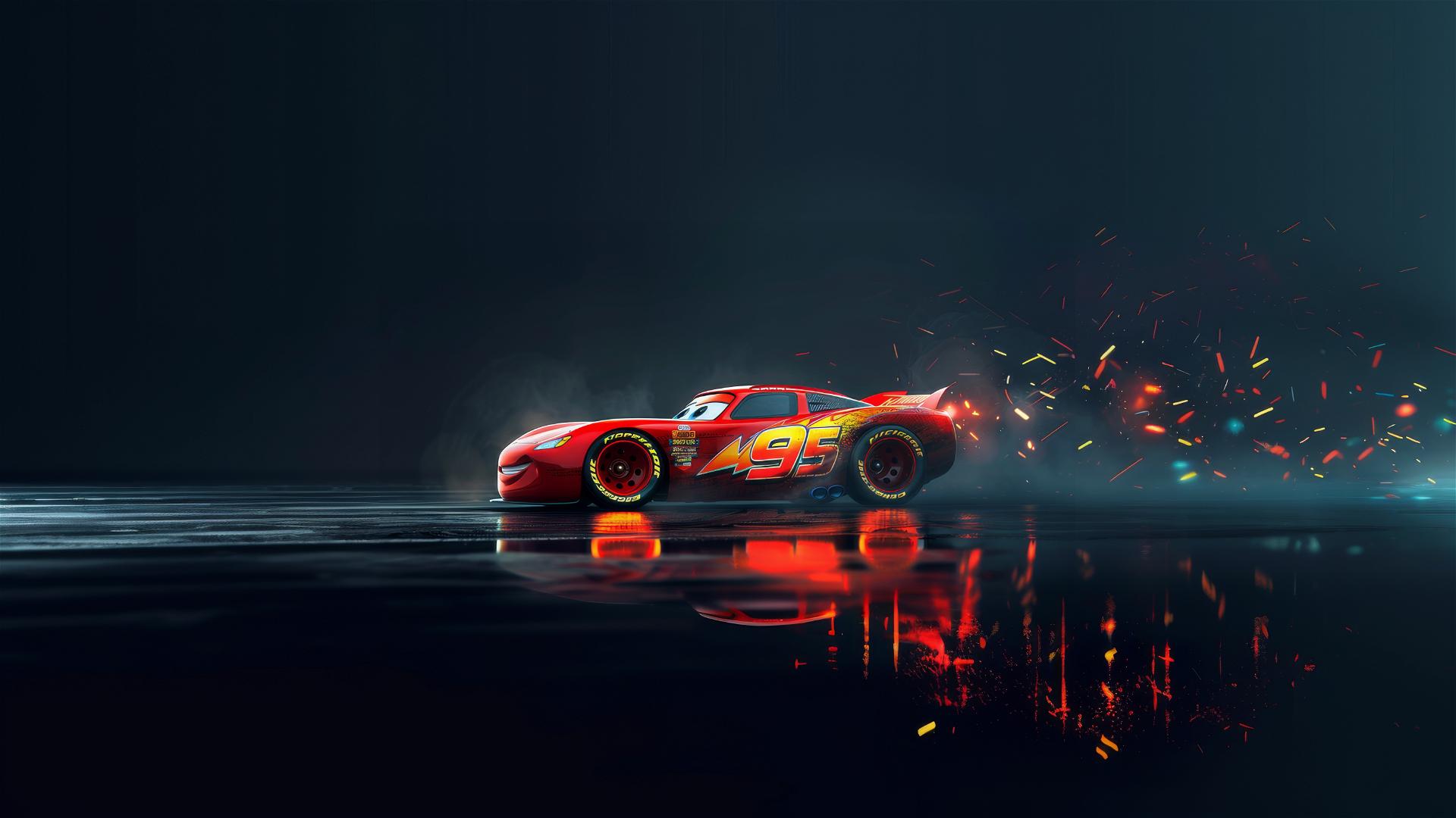 Pixar-style 3/4 view of Lightning McQueen from Harry Potter on dark background