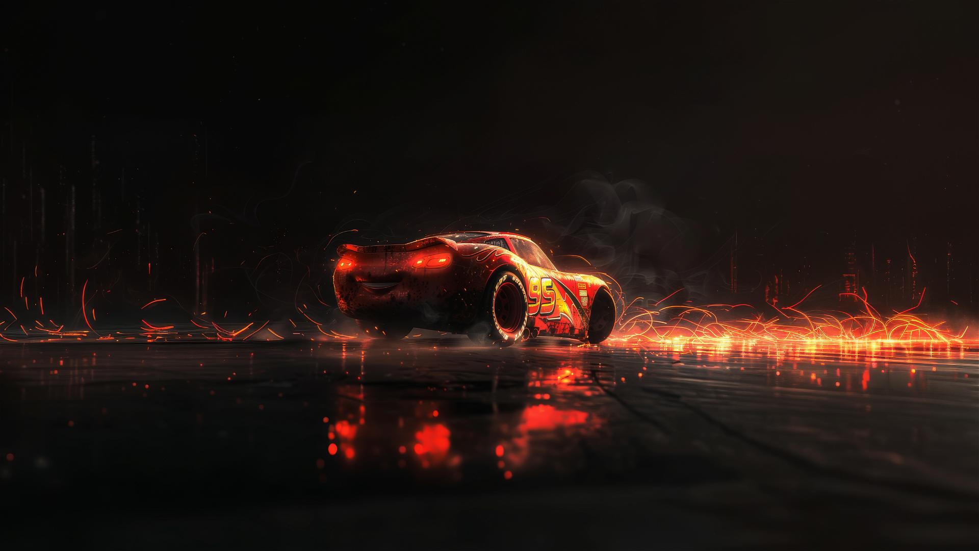 Lightning McQueen from Harry Potter, Pixar style, in spotlight on dark background.