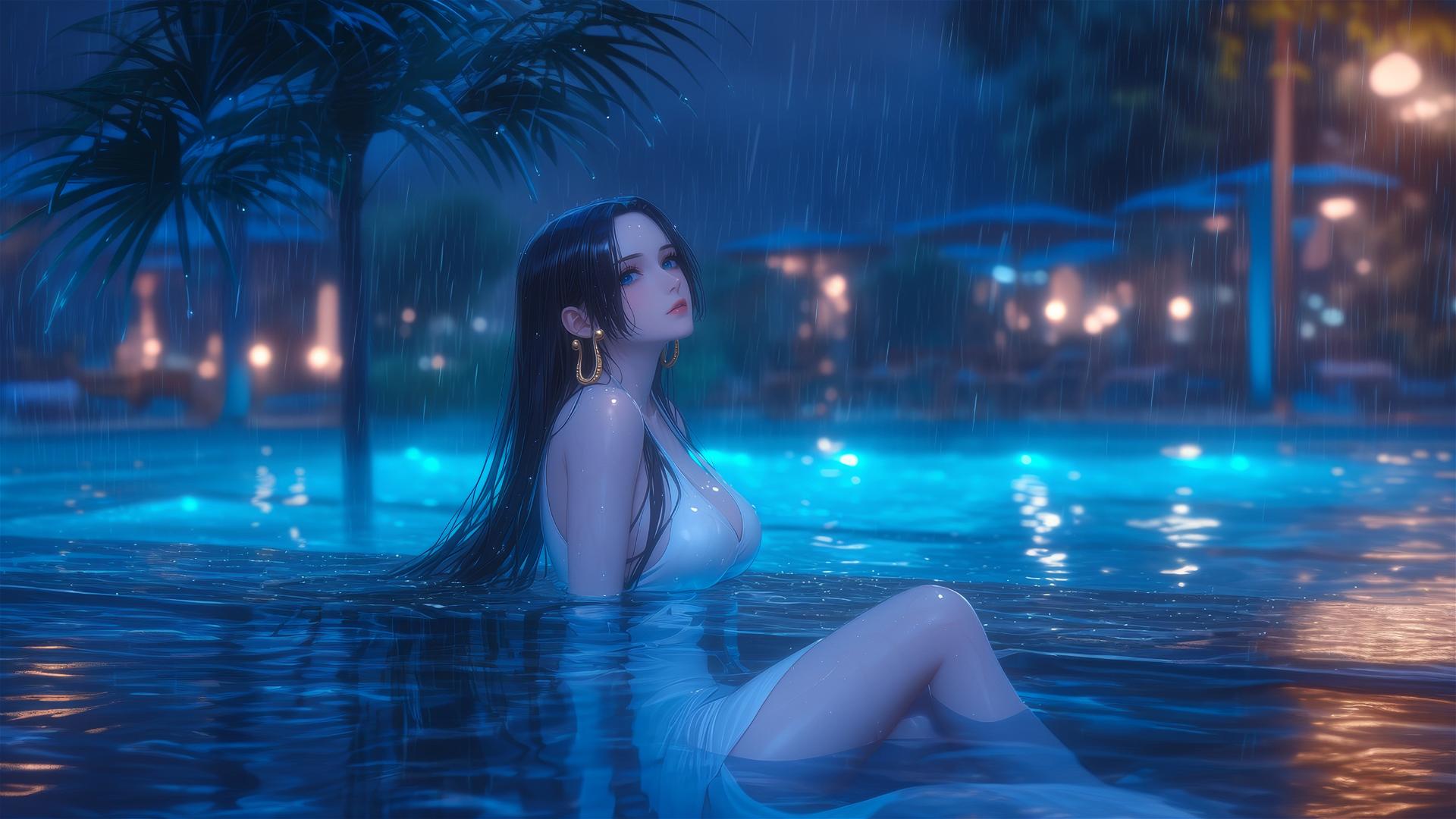 Boa Hancock resting by a rainy swimming pool under moonlight in a pure white dress