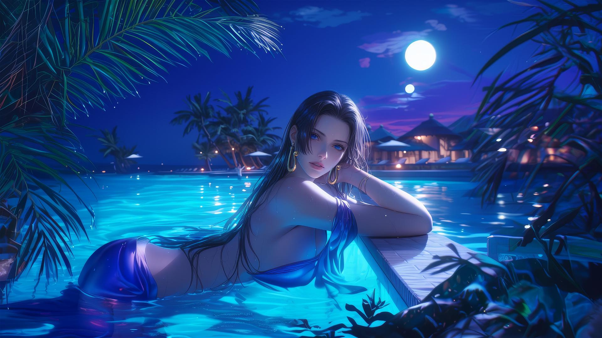 Boa Hancock resting by a moonlit pool