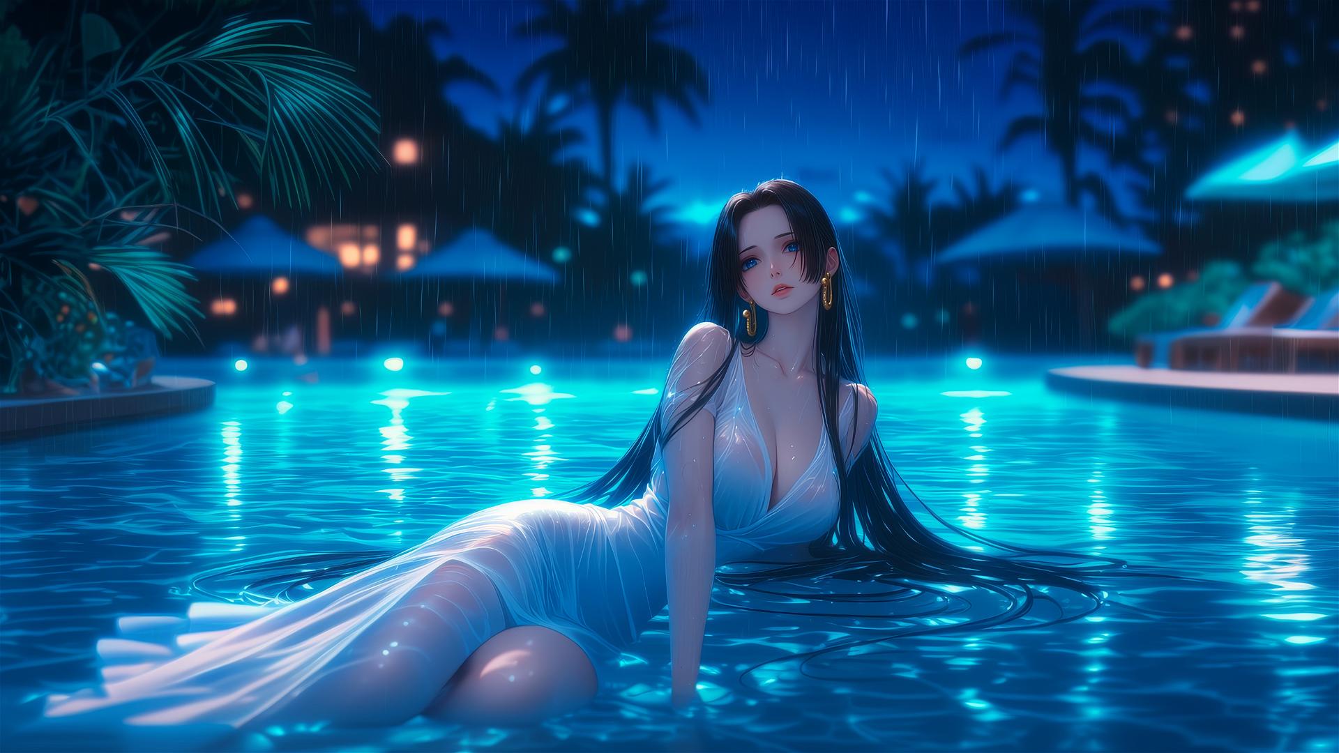Boa Hancock from One Piece resting by a rainy swimming pool under moonlight in a pink dress